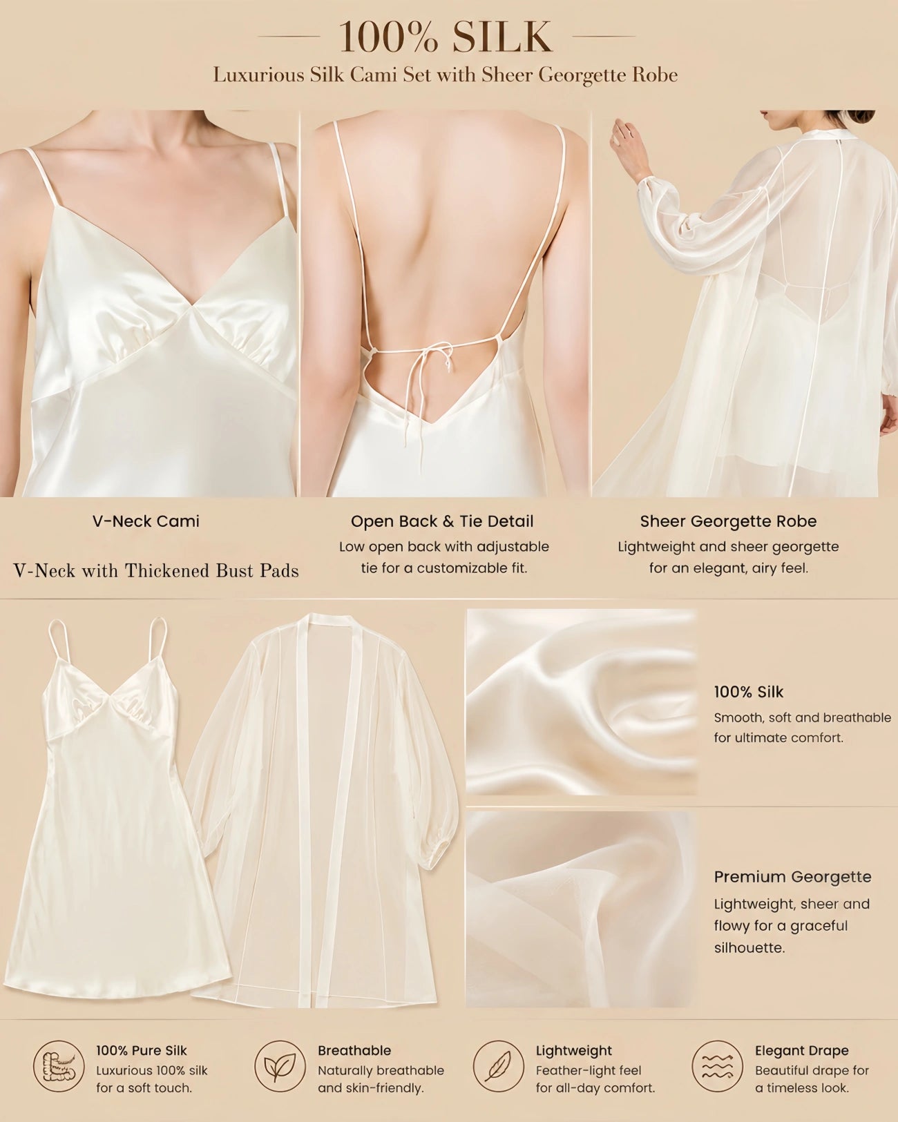 19mm off-white silk georgette robe set with V-neck slip, open-back tie detail, sheer robe, and smooth drape