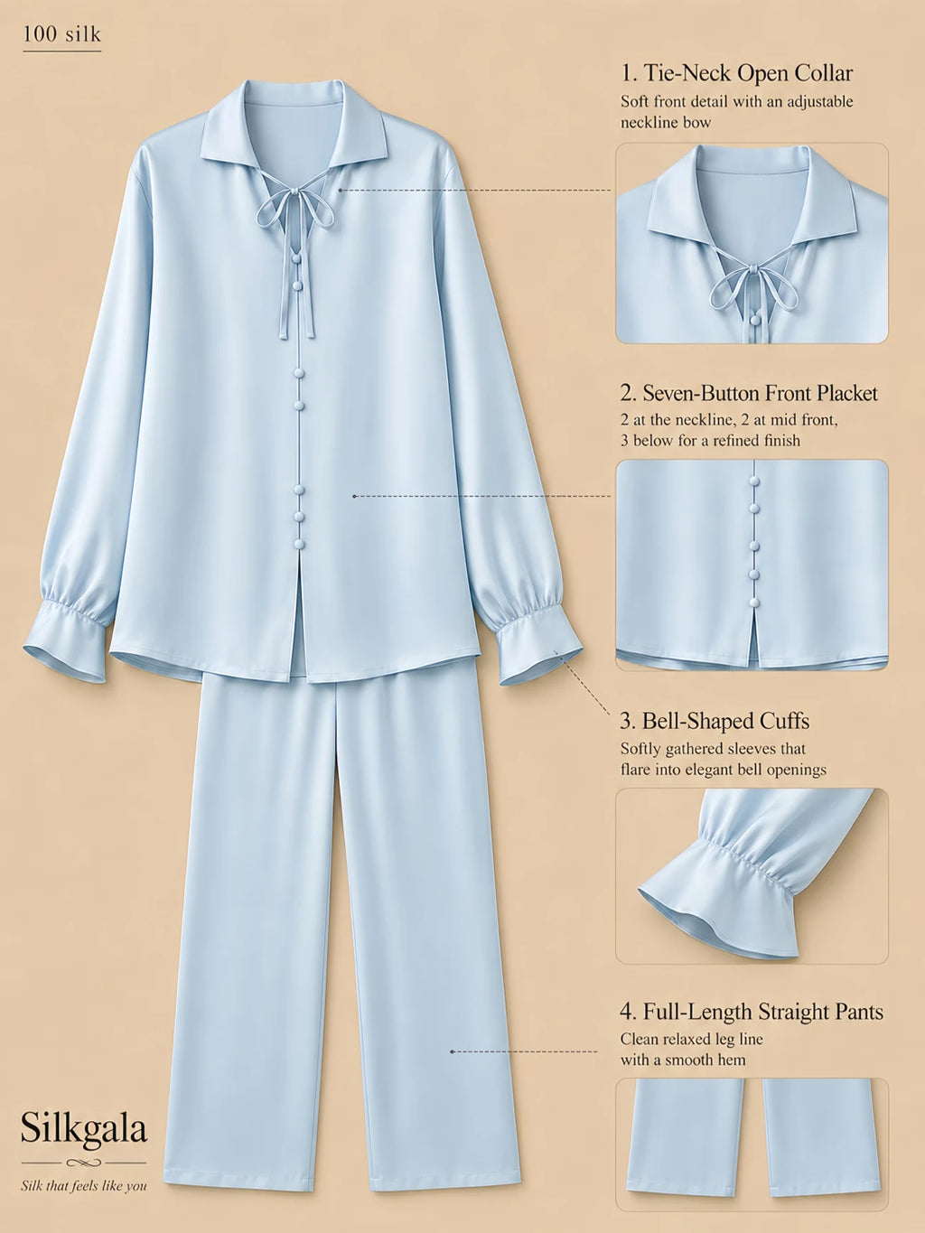 Light blue 19mm mulberry silk homewear set with tie-neck open collar, seven-button front placket, bell-shaped cuffs, and full-length straight pants shown in a flat-lay product detail image.