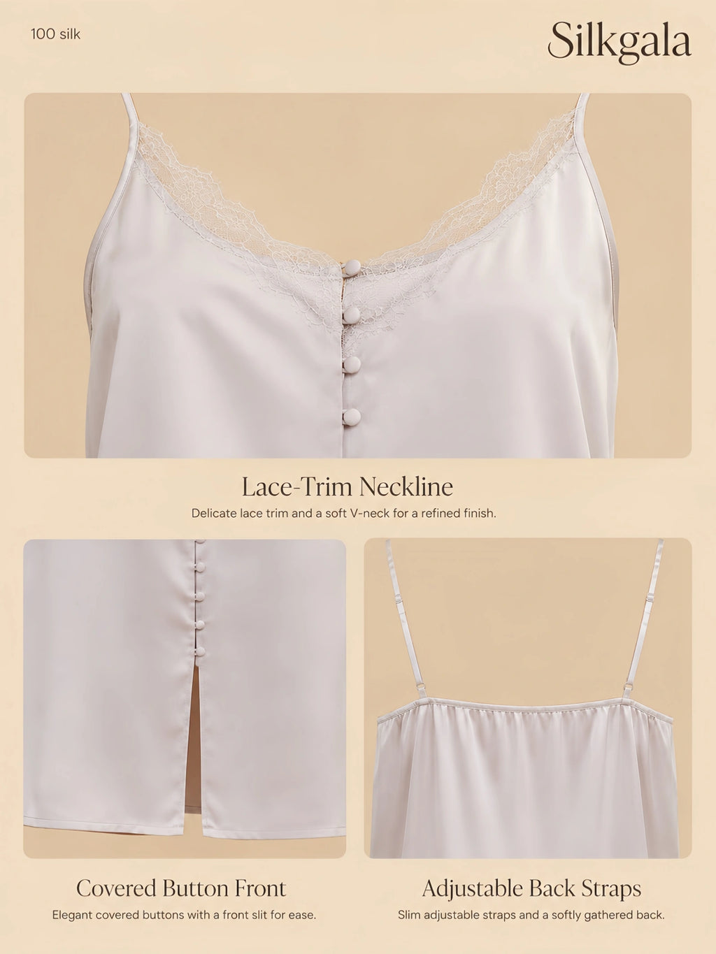 19mm silk nightgown detail image with lace neckline, covered-button front, and adjustable straps.