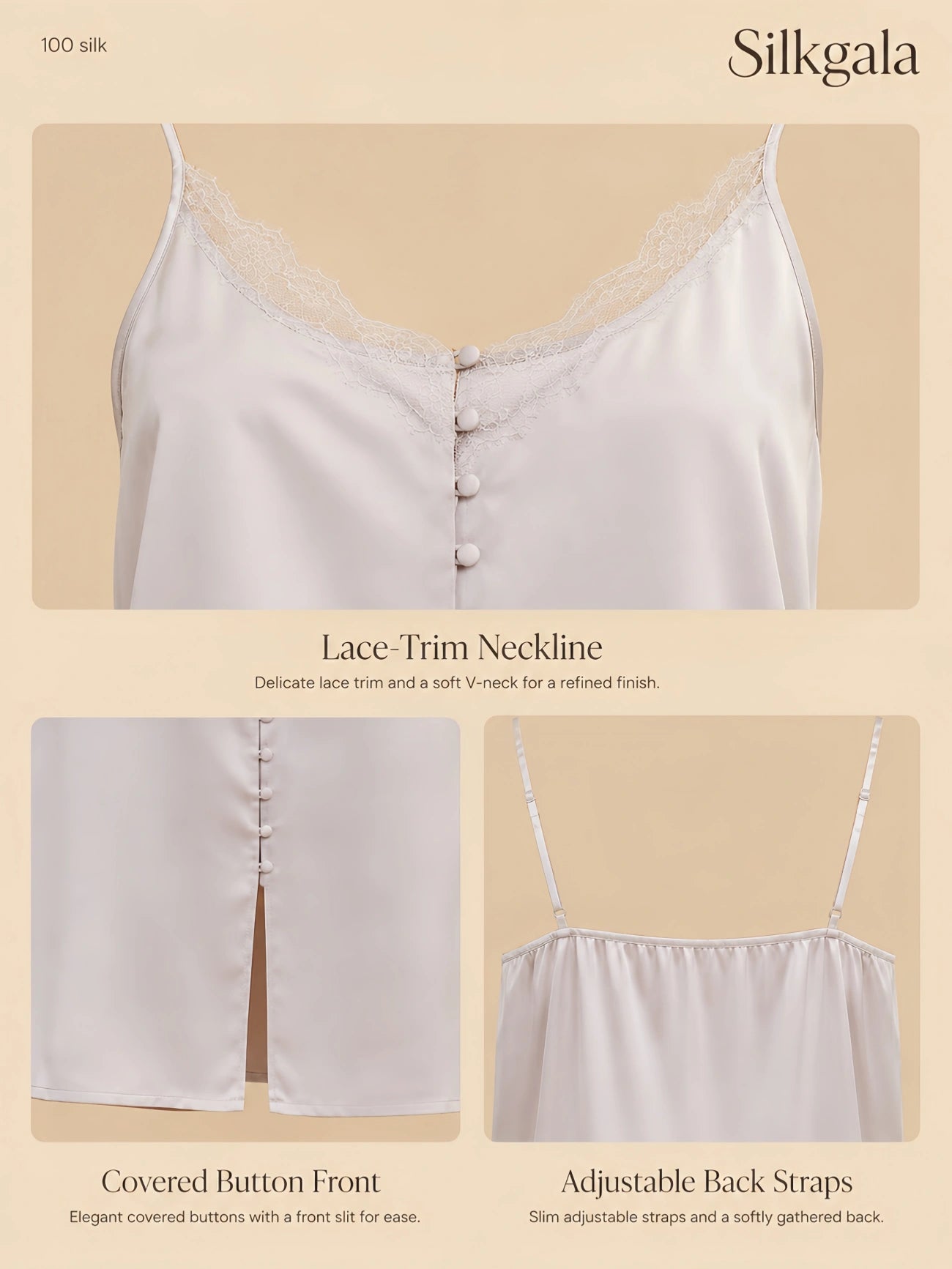 19mm silk nightgown detail image with lace neckline, covered-button front, and adjustable straps.