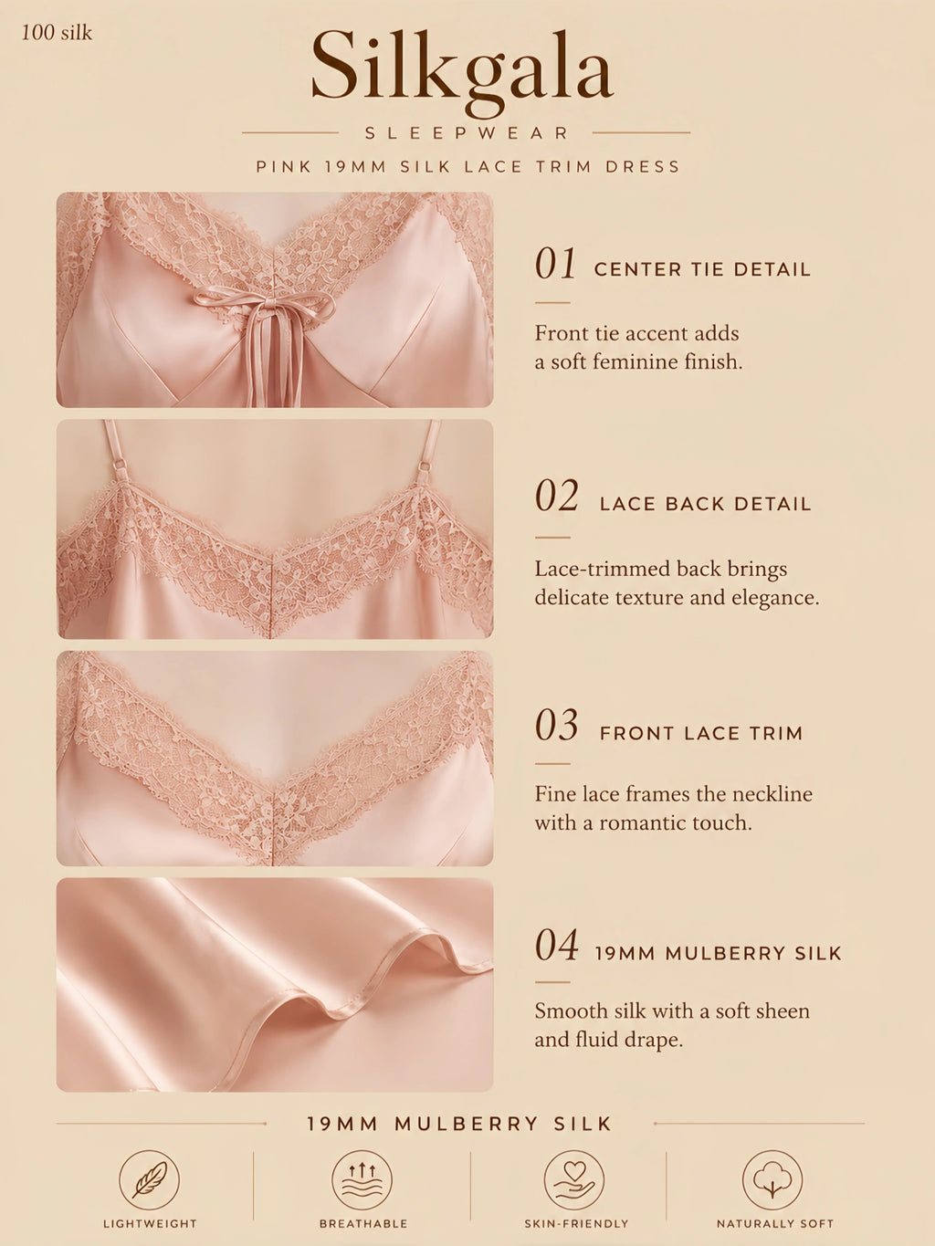 Pink 19mm silk lace trim dress with center tie, lace back, and smooth silk drape
