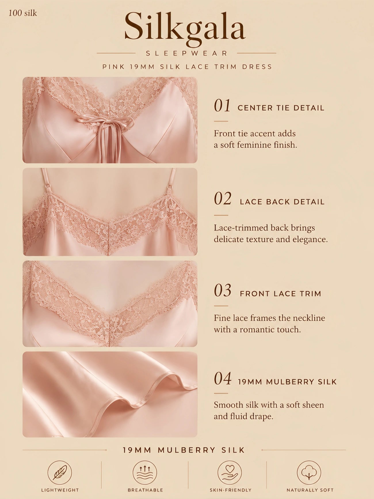 Pink 19mm silk lace trim dress with center tie, lace back, and smooth silk drape