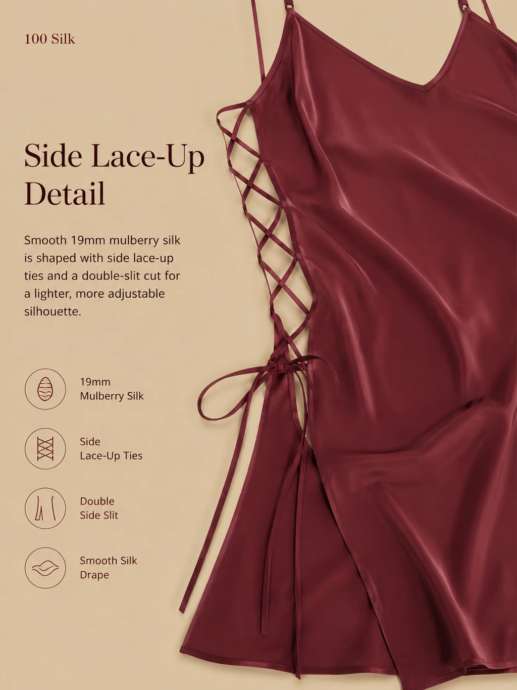19mm silk lace-up mini slip dress with side ties, double side slit, and smooth silk drape