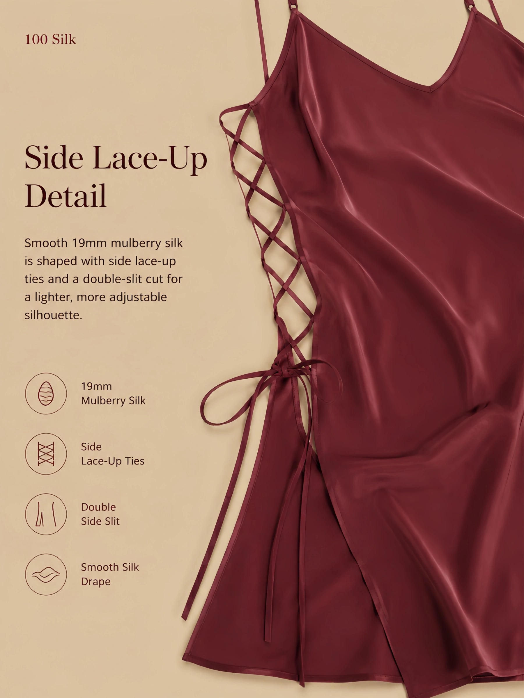 19mm silk lace-up mini slip dress with side ties, double side slit, and smooth silk drape