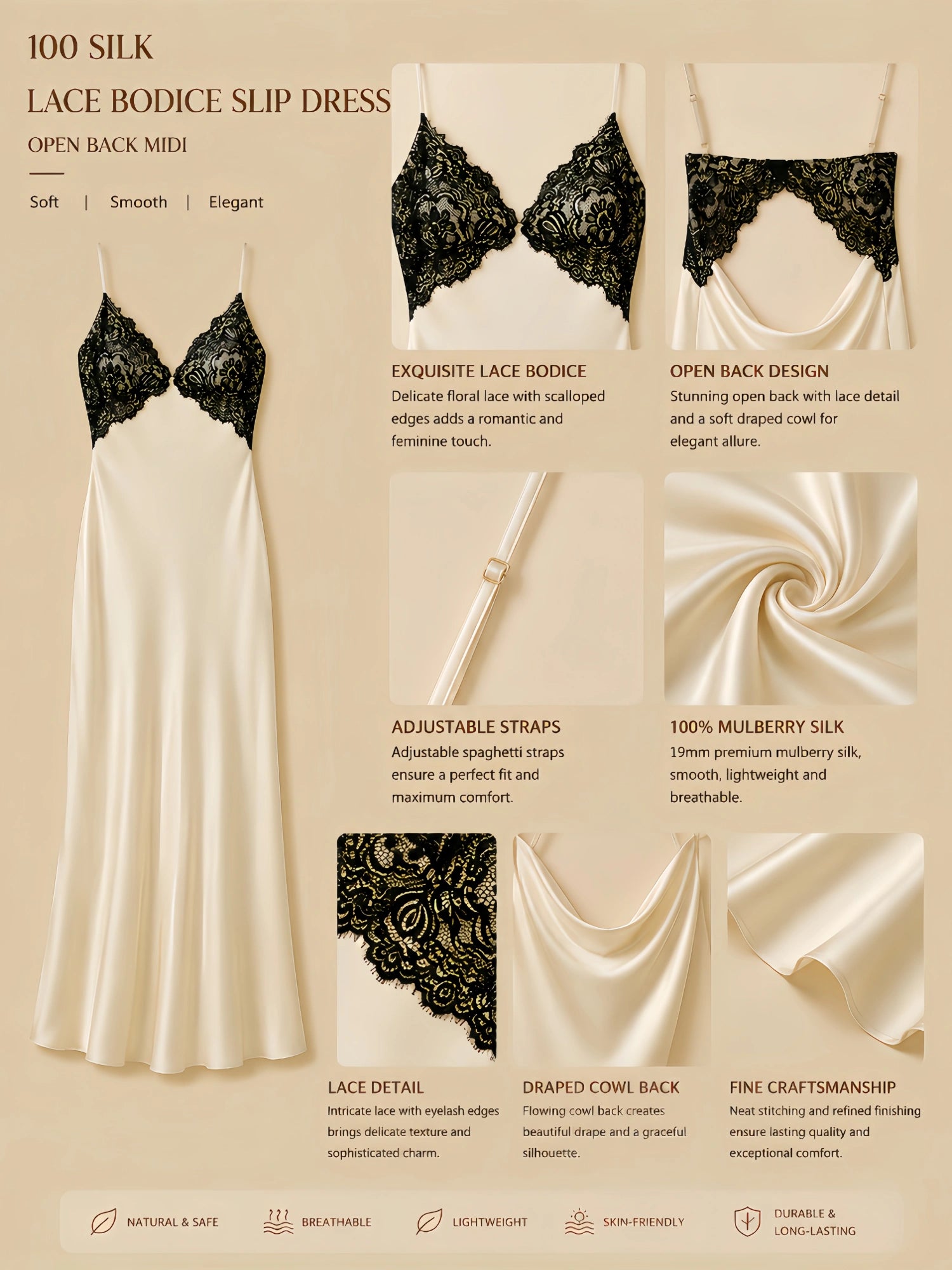 19mm cream apricot mulberry silk slip dress with black lace bodice, open back, adjustable straps, and midi drape