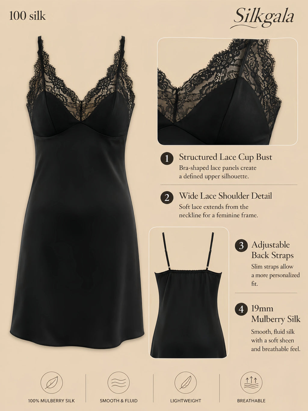 Black 19mm silk lace cup nightgown with structured bust, wide lace straps, adjustable back straps, and smooth silk body