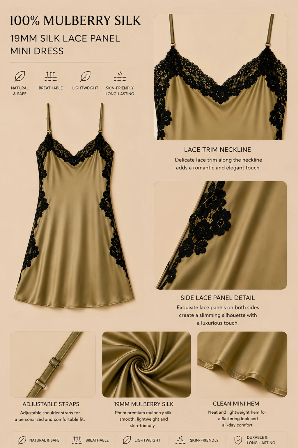 19mm olive silk lace panel mini dress with black lace trim, side lace panels, adjustable straps, and smooth drap