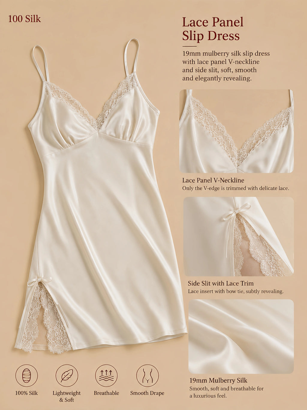 19mm white mulberry silk mini slip dress with lace V neckline, side slit lace panel, and bow tie detail
