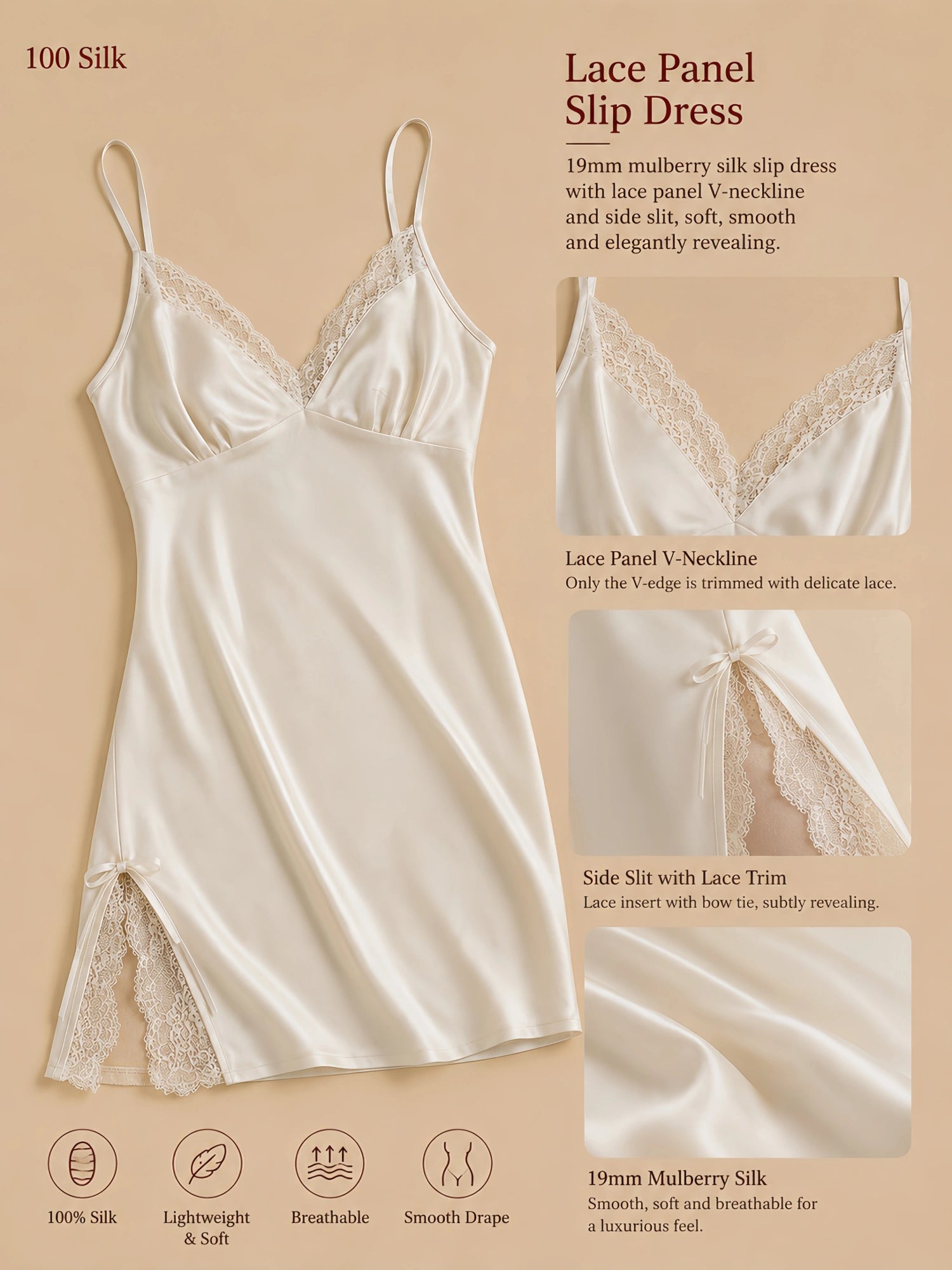 19mm white mulberry silk mini slip dress with lace V neckline, side slit lace panel, and bow tie detail