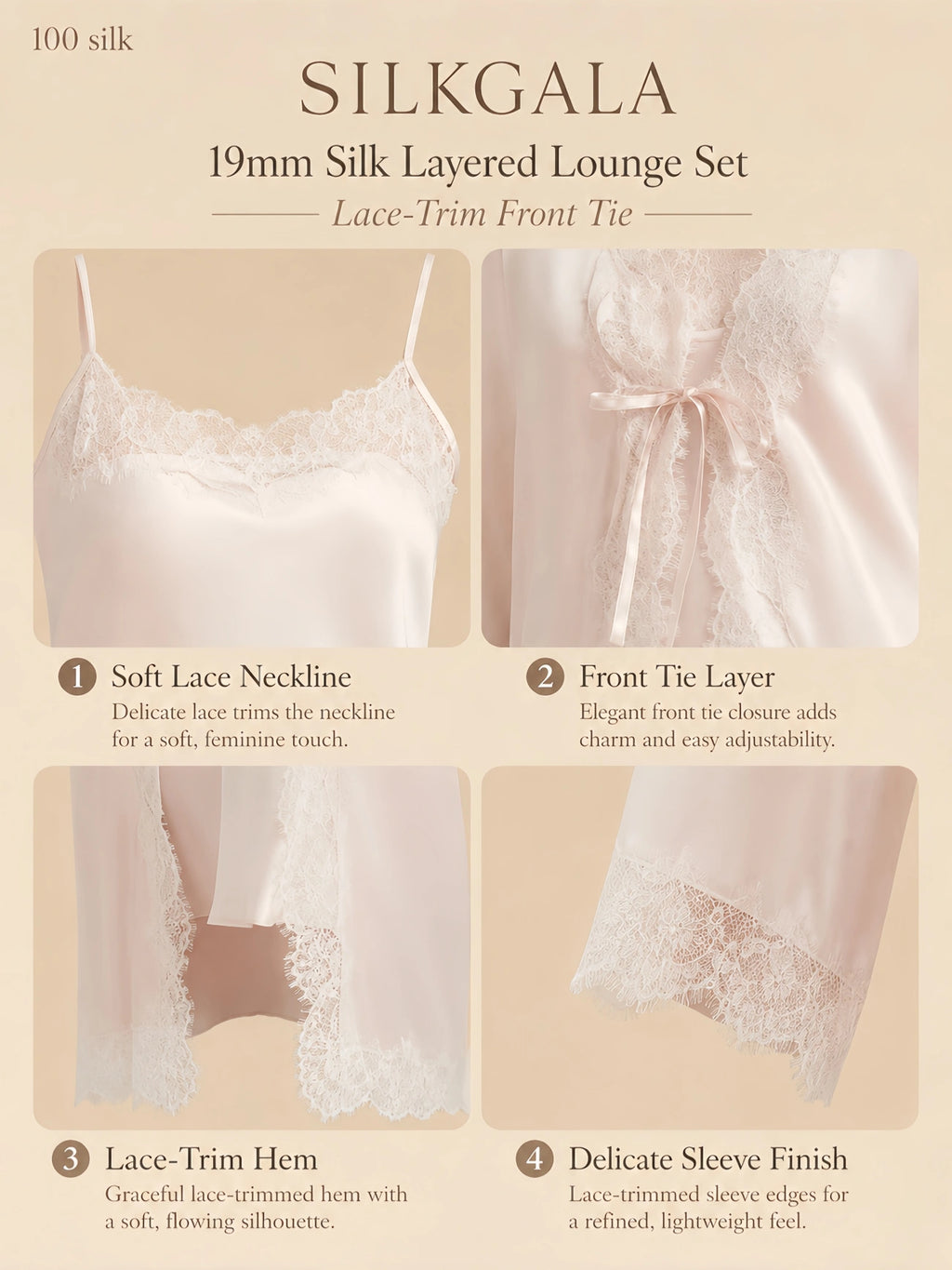 19mm off-white silk layered lounge set with lace-trim neckline, front tie, lace hem, and soft silk drape