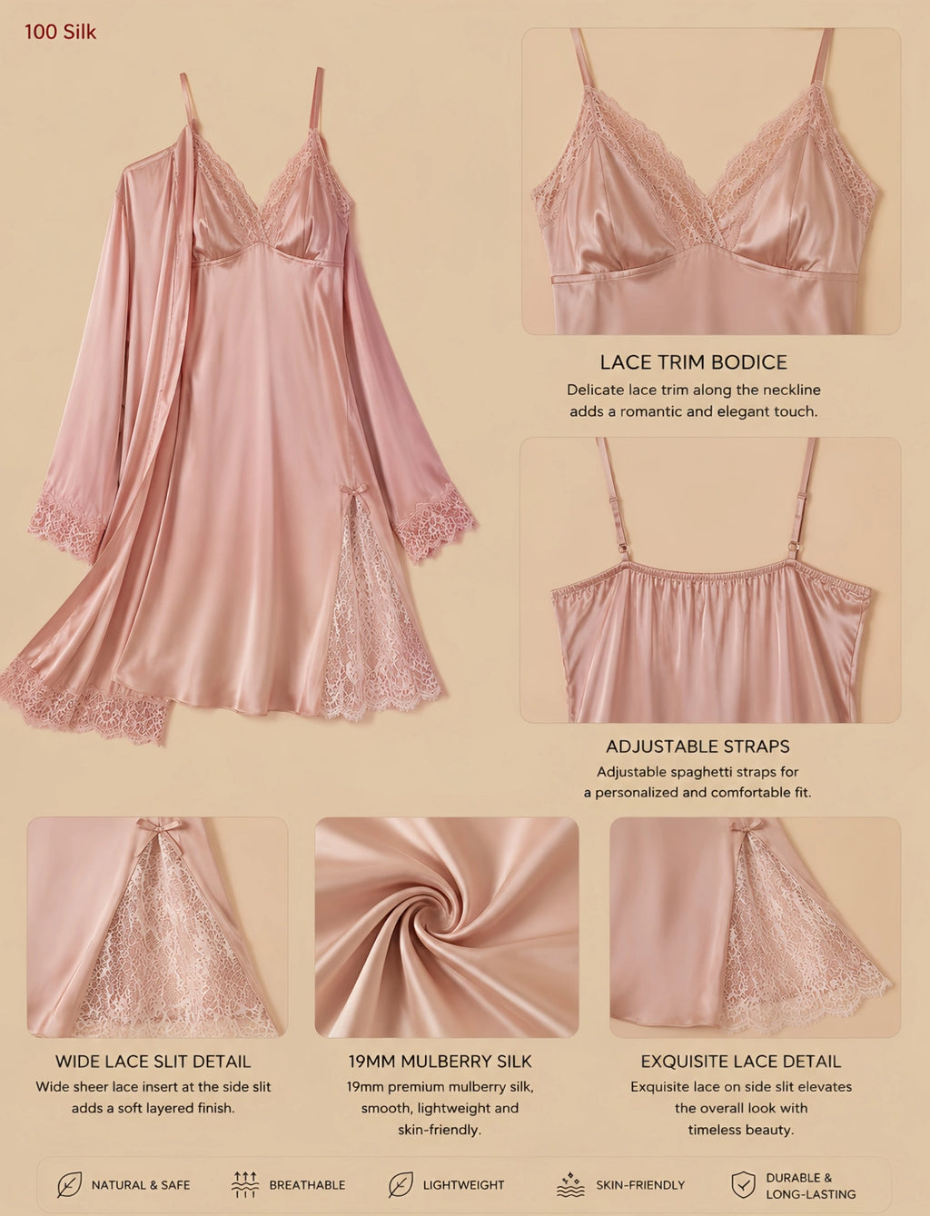 19mm light pink silk layered slip dress with lace bodice, adjustable straps, wide lace side slit, and smooth drape