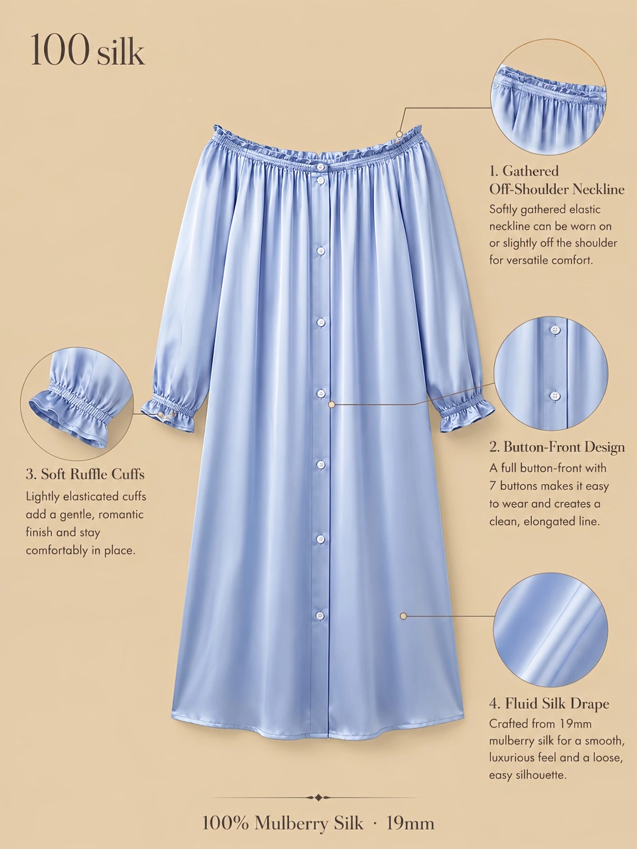 Silkgala 19mm 100% mulberry silk long sleeve nightgown detail image showing a gathered off-shoulder neckline, 7-button front, soft ruffle cuffs, and fluid silk drape.