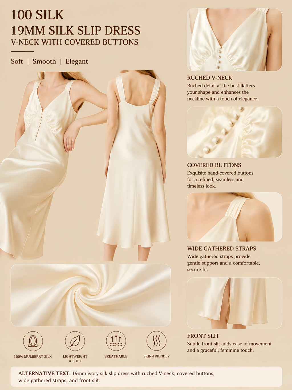 19mm ivory mulberry silk long slip dress with ruched V-neck, covered buttons, wide straps, and front slit