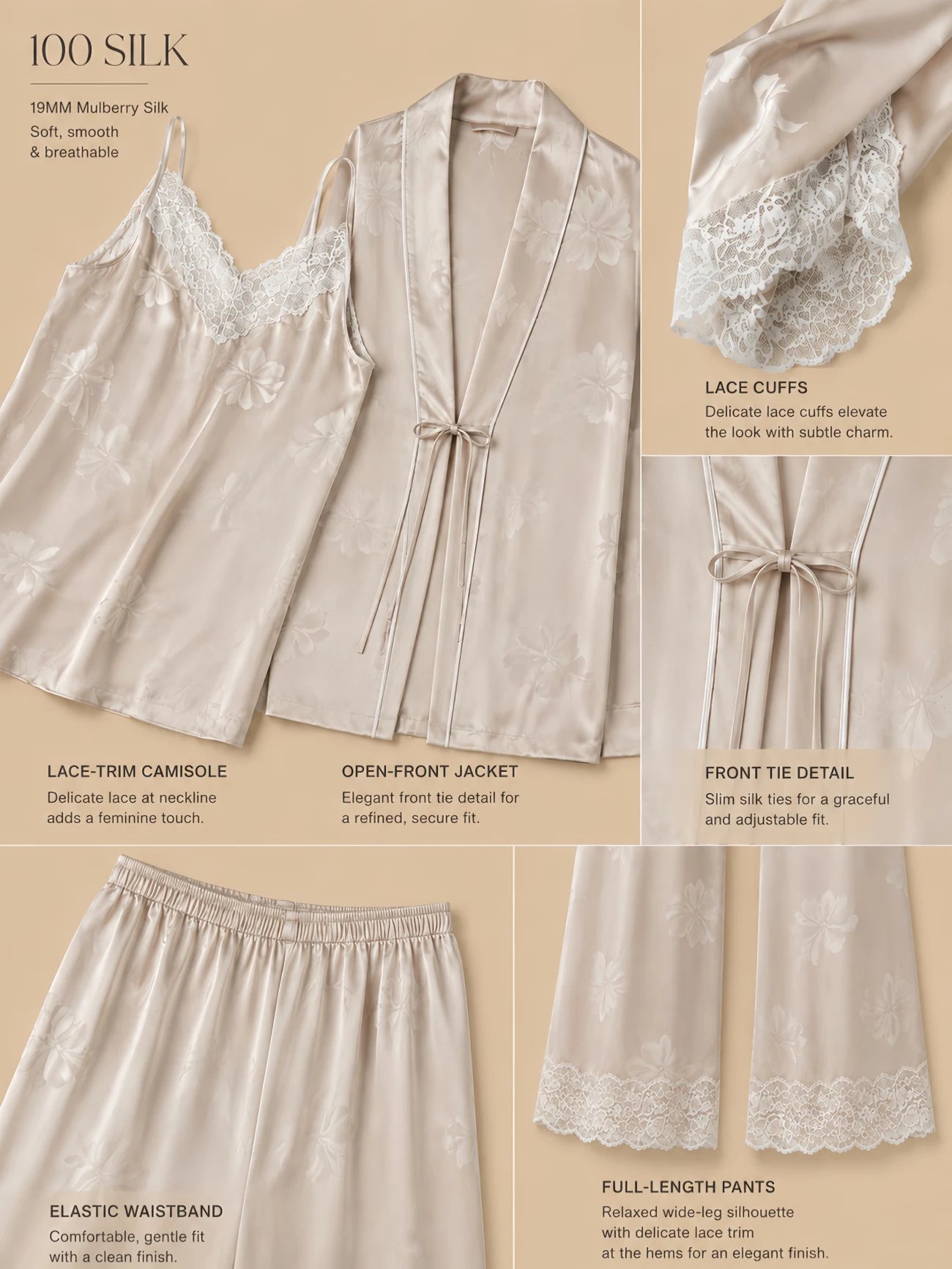 Silkgala 19mm 100% mulberry silk lounge jacket set detail image showing a tonal floral jacquard camisole, lace-trim V neckline, open-front tie jacket, elastic-waist pants without drawstring, and lace-trim pant hems