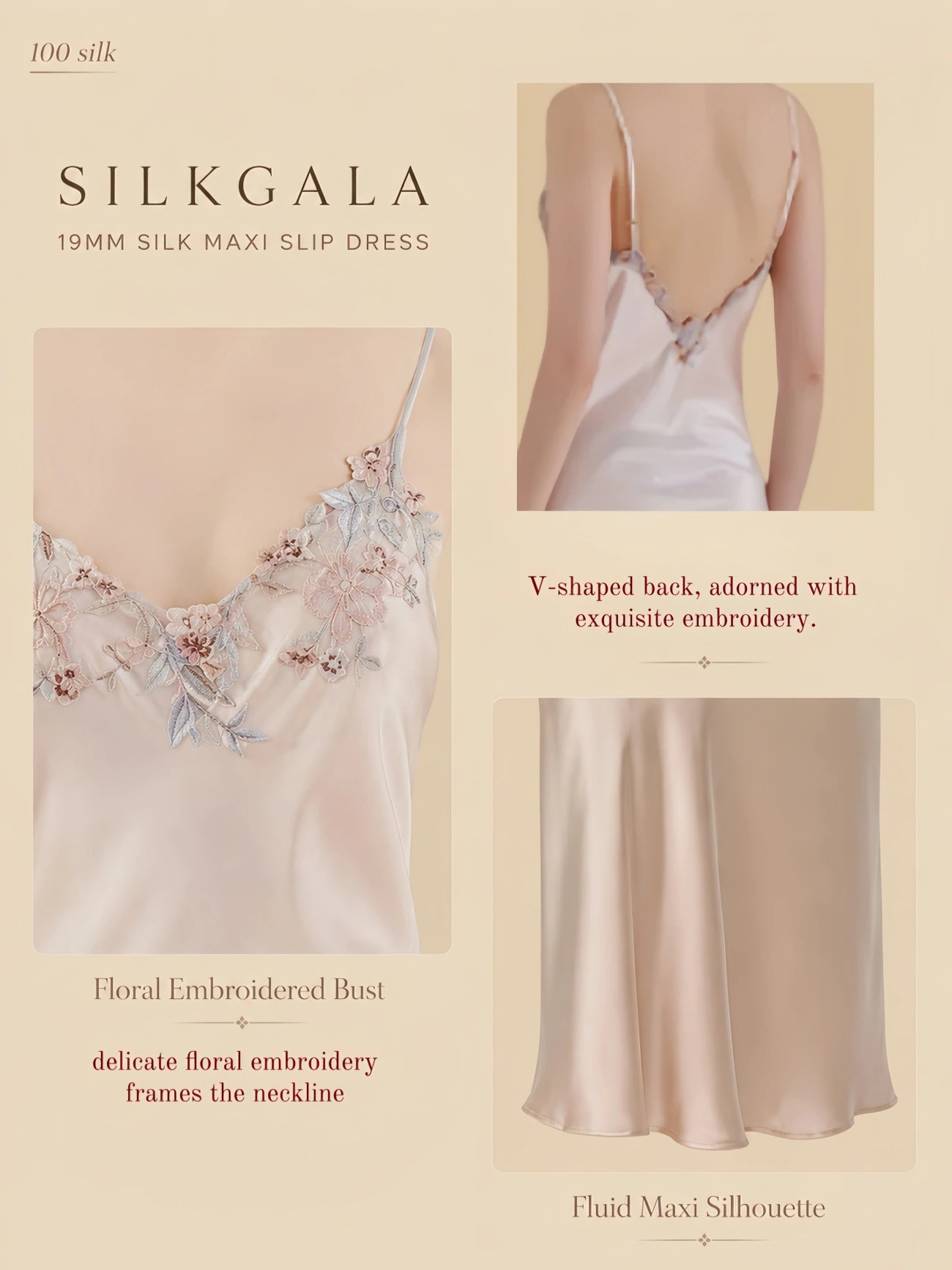 Pink 19mm silk maxi dress with floral embroidered bust, V-back detail, slim straps, and fluid silk drape