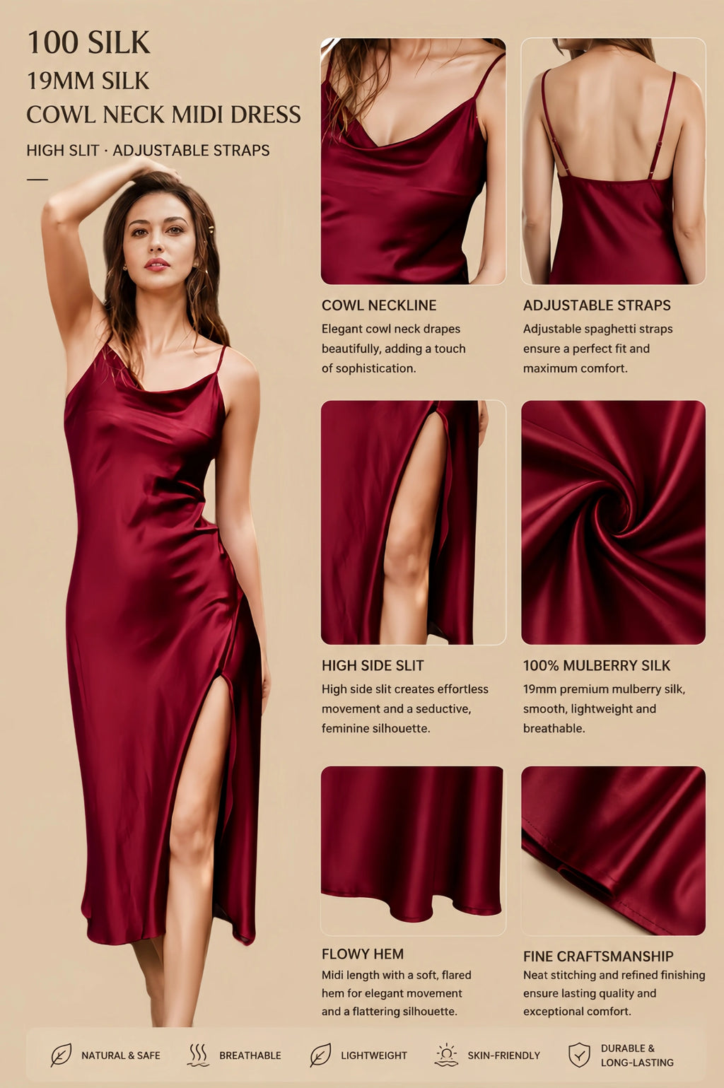 19mm burgundy silk midi dress with cowl neck, high side slit, adjustable straps, and smooth drape