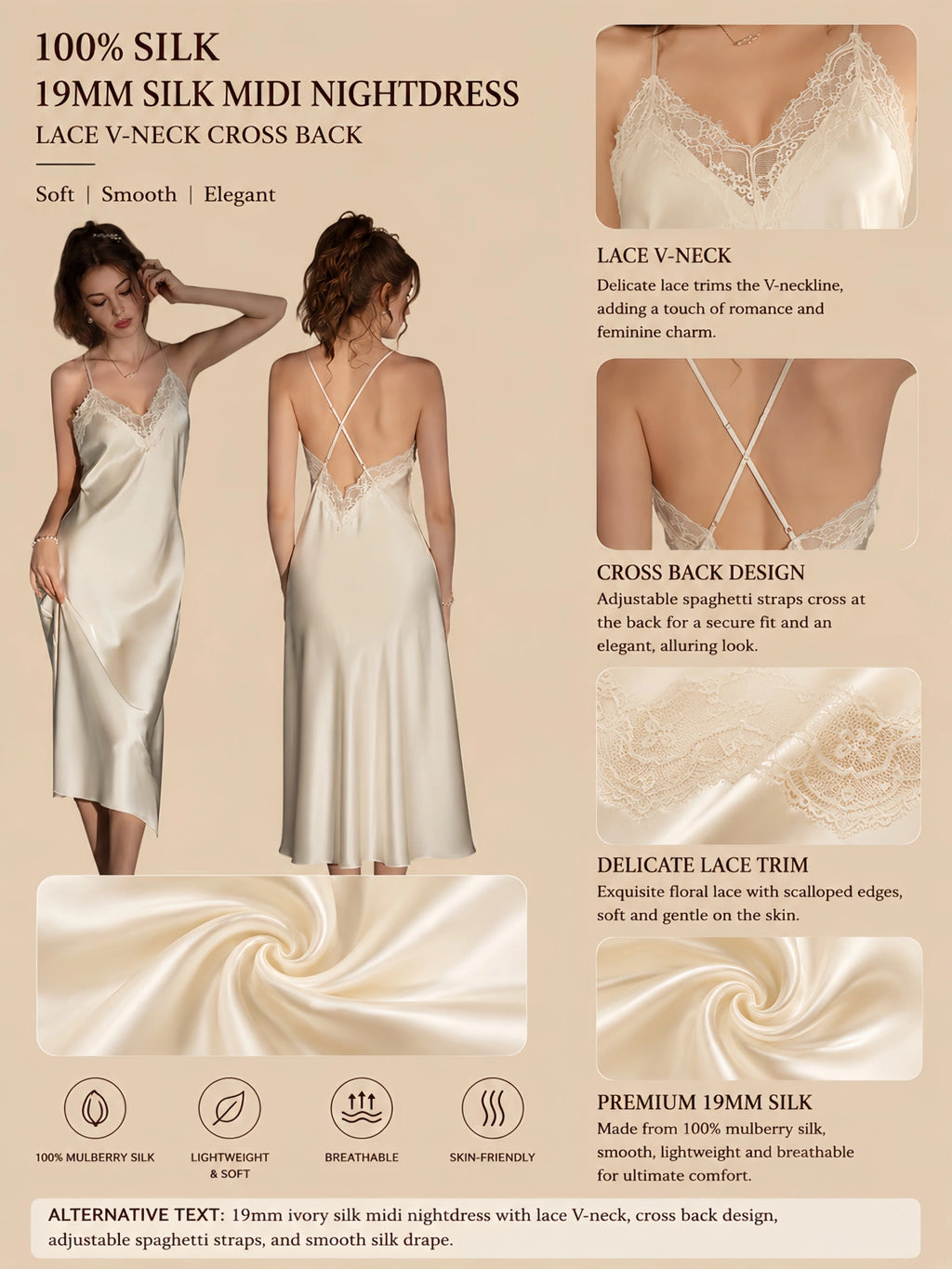 19mm ivory silk midi nightdress with lace V-neck, cross back straps, and smooth silk drape