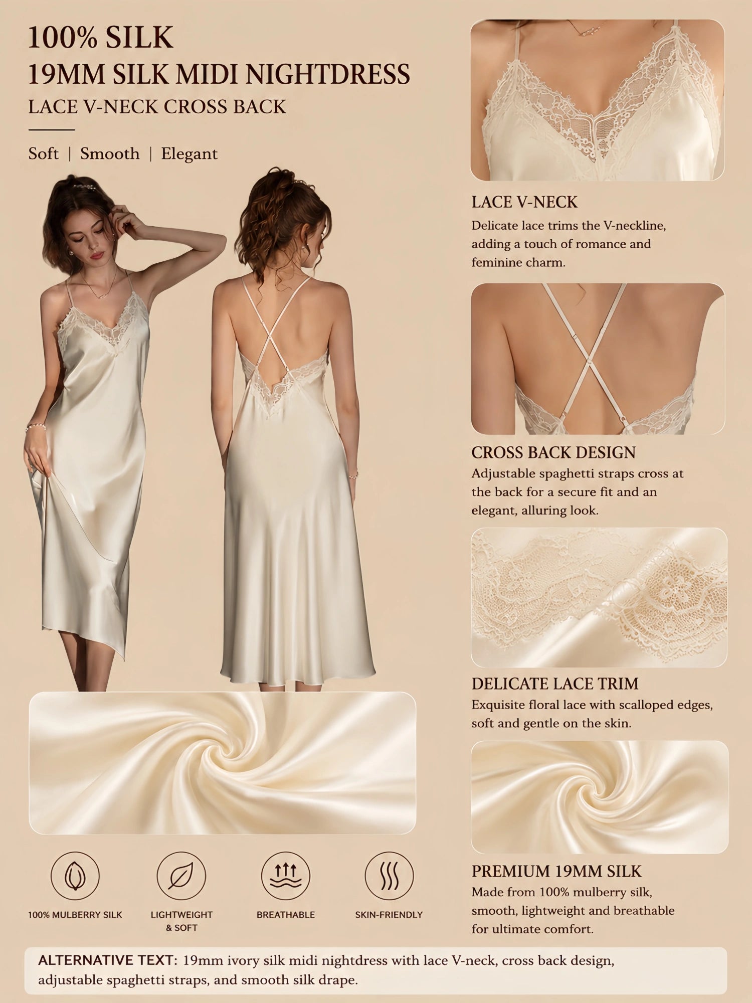19mm ivory silk midi nightdress with lace V-neck, cross back straps, and smooth silk drape