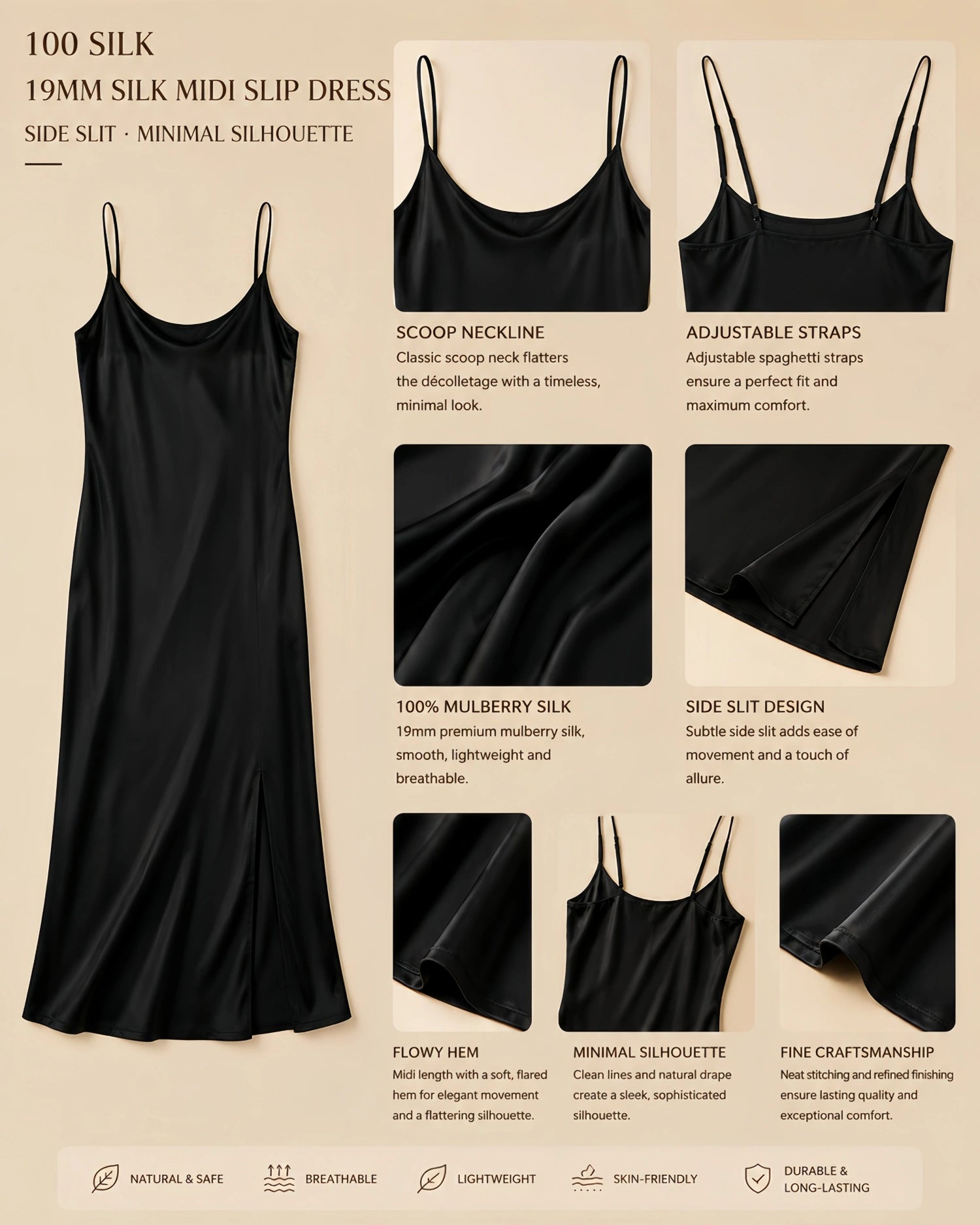 19mm black mulberry silk midi slip dress with side slit, scoop neck, and minimal silhouette