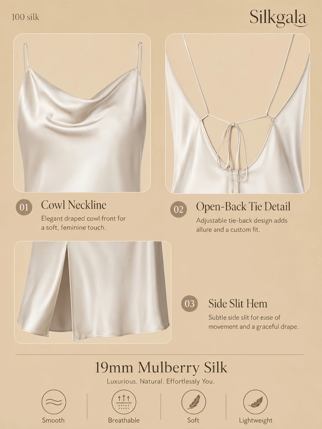 19mm silk nightgown detail collage with cowl neckline, tie-back open back, and side slit hem.