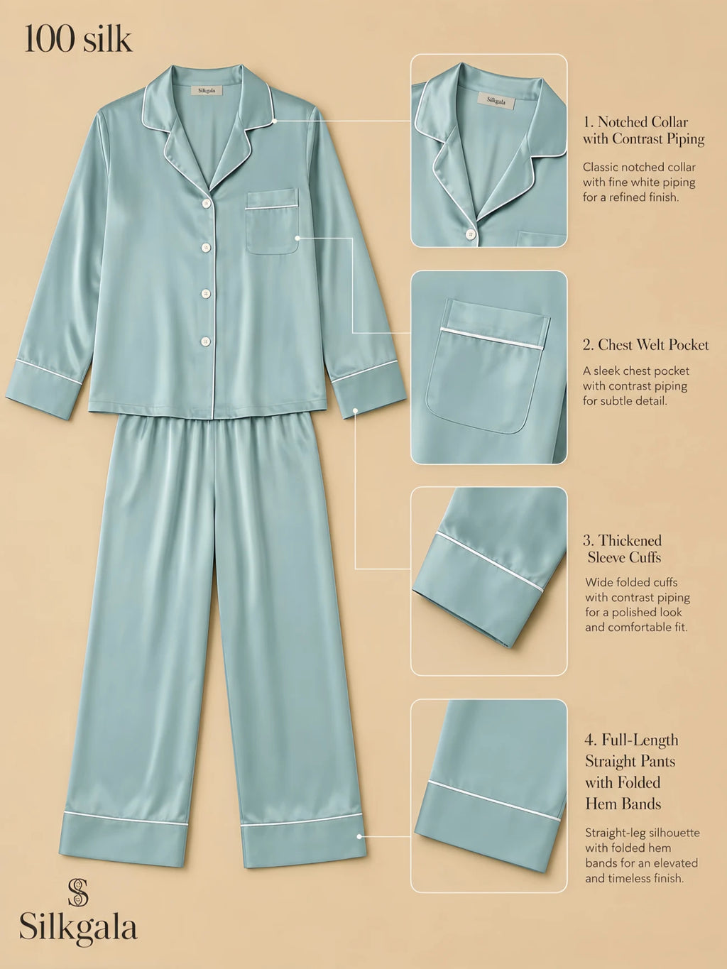 Light sage green 19mm mulberry silk pajama set with four-button front, contrast-piped notched collar, chest welt pocket, thickened sleeve cuffs, and full-length straight pants shown in a flat-lay product detail image.