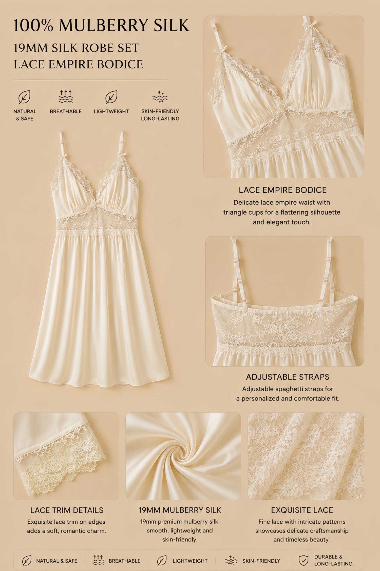 19mm ivory mulberry silk nightgown with lace empire bodice, adjustable straps, back lace panel, and smooth drape