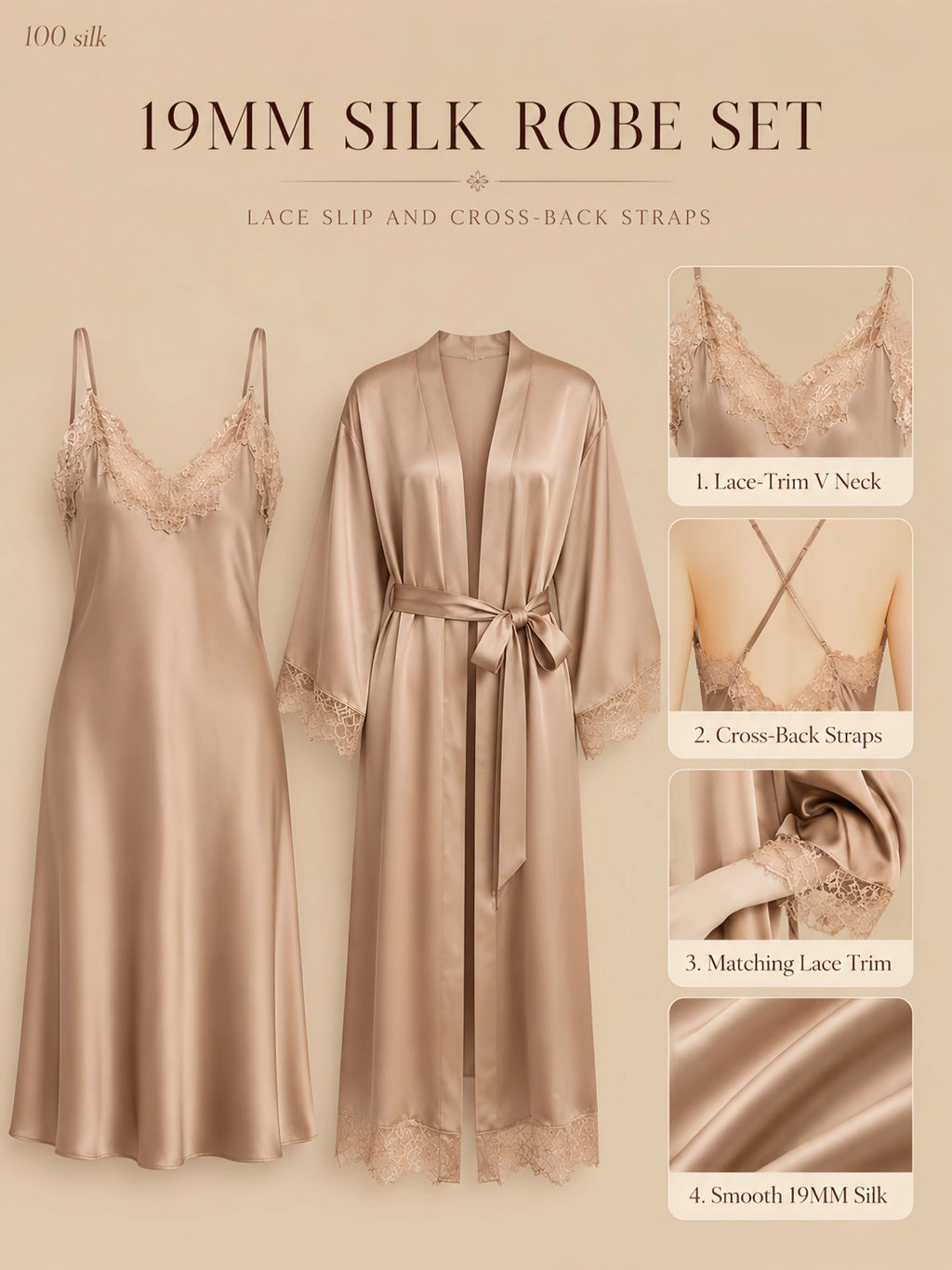 19mm champagne mulberry silk robe set with lace slip dress, cross-back straps, matching robe, and smooth drape
