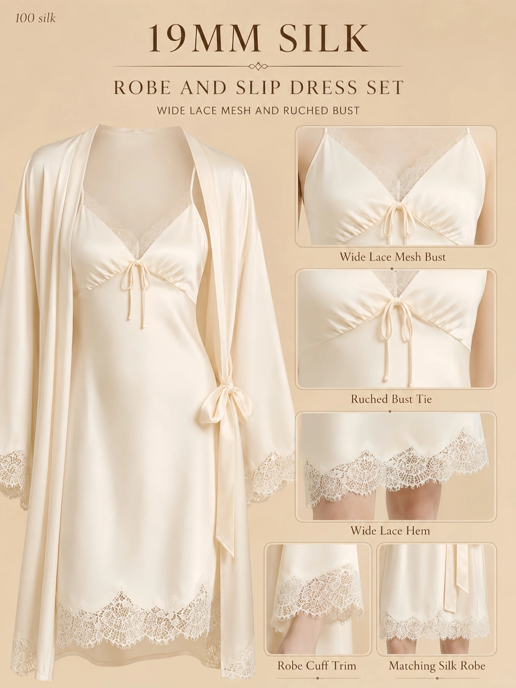 19mm ivory silk robe and slip dress set with wide lace mesh bust, ruched tie front, lace hem, and matching robe