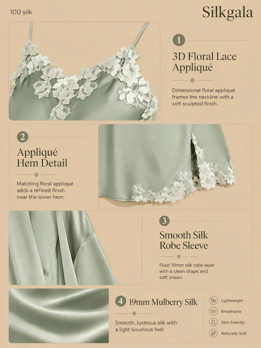 19mm sage green silk robe and slip set with 3D floral lace appliqué, clean robe sleeve, lace slip hem, and smooth silk drape