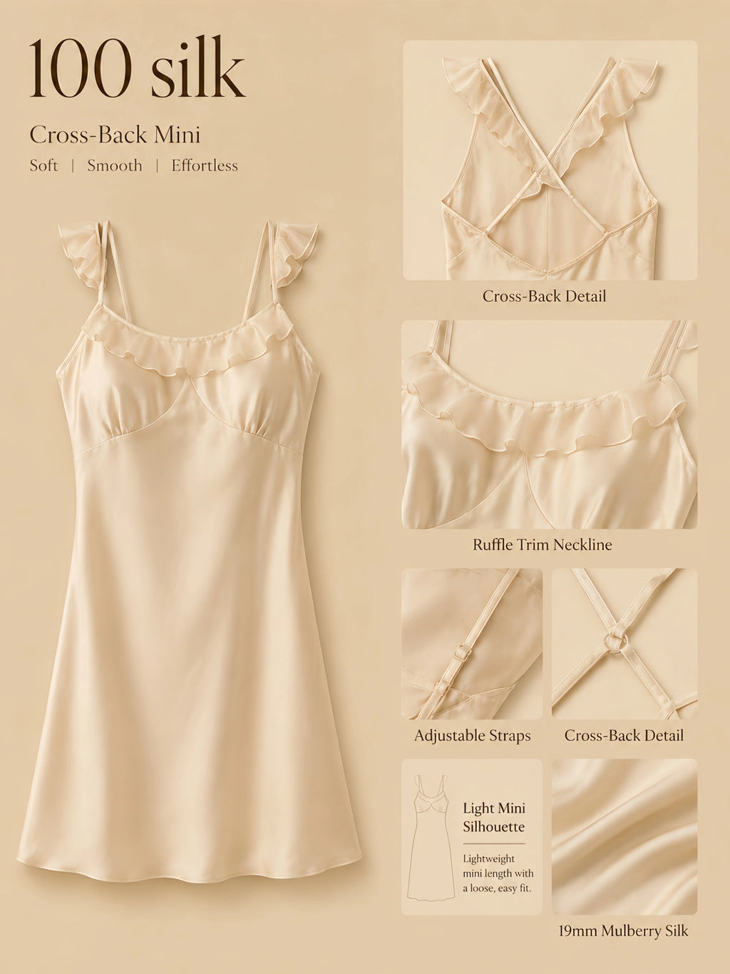 19mm apricot silk ruffle trim mini slip dress with cross-back straps and smooth silk drape