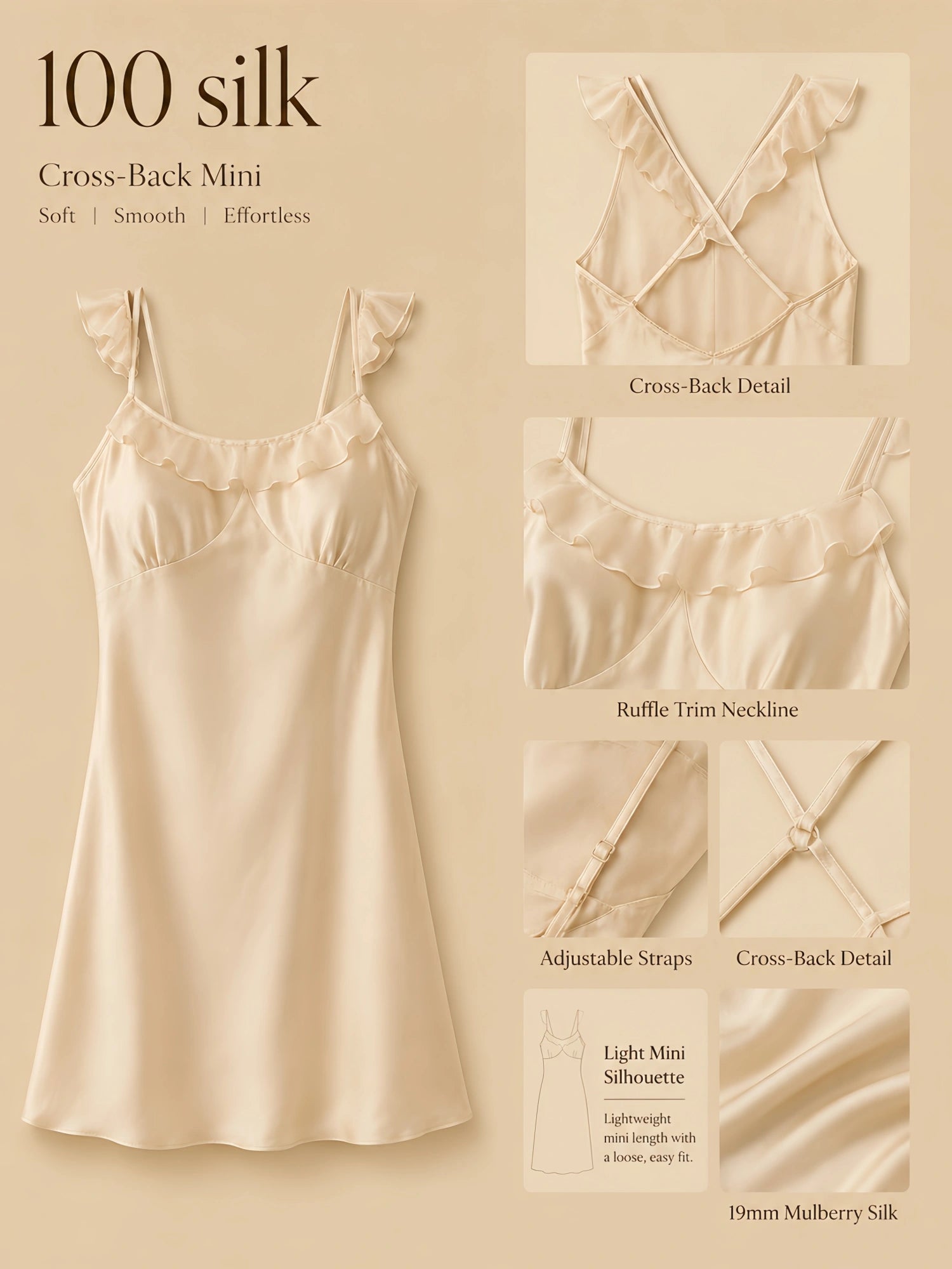 19mm apricot silk ruffle trim mini slip dress with cross-back straps and smooth silk drape