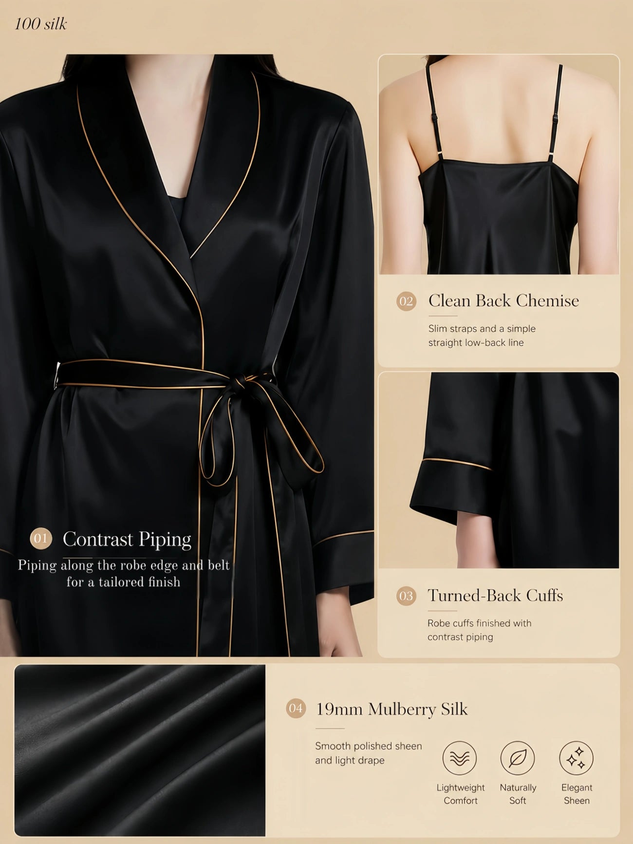 19mm black silk short robe set with contrast piping, clean back chemise, sash waist, and turned-back cuffs