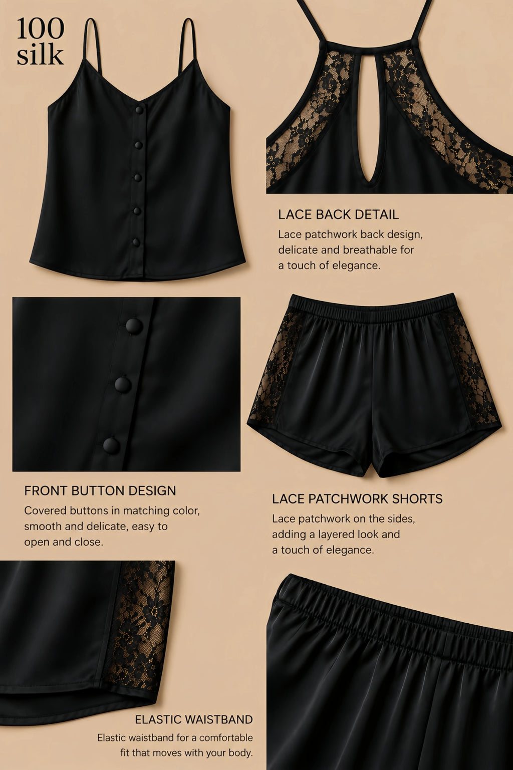 19mm black silk short set with button-front cami, lace back, keyhole detail, lace shorts, and elastic waistband