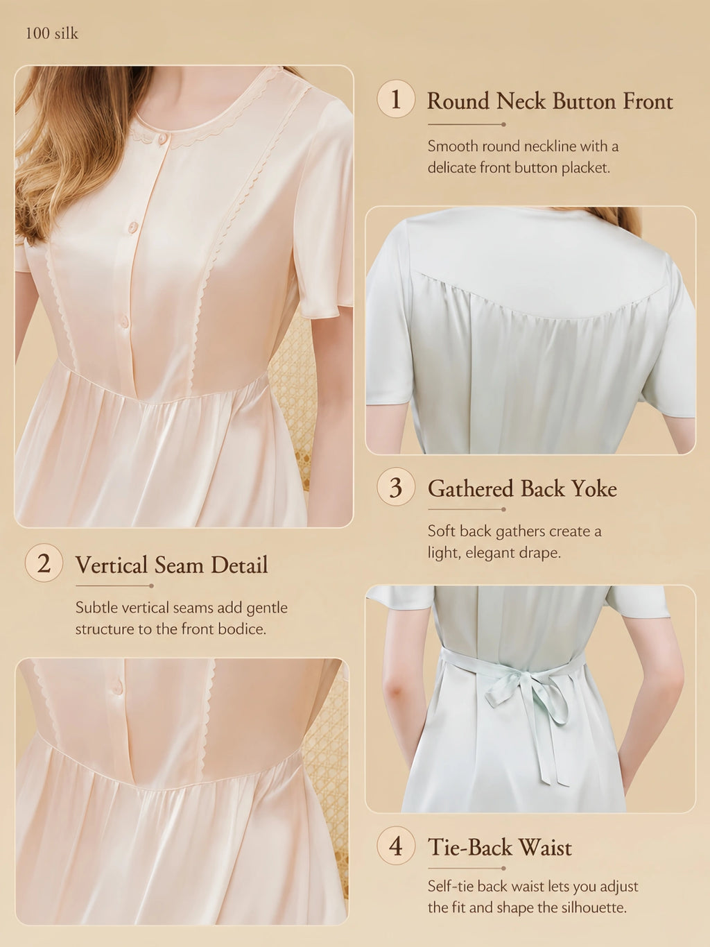 19mm silk short sleeve nightgown detail image with button front, short sleeves, and tie-back waist.