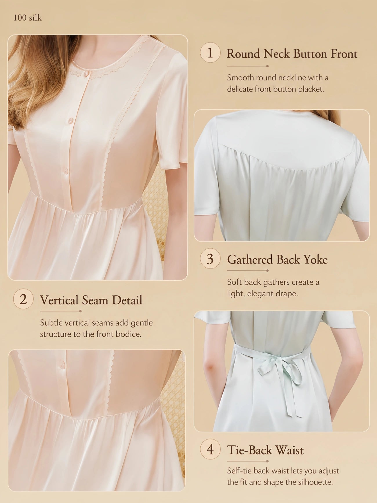 19mm silk short sleeve nightgown detail image with button front, short sleeves, and tie-back waist.