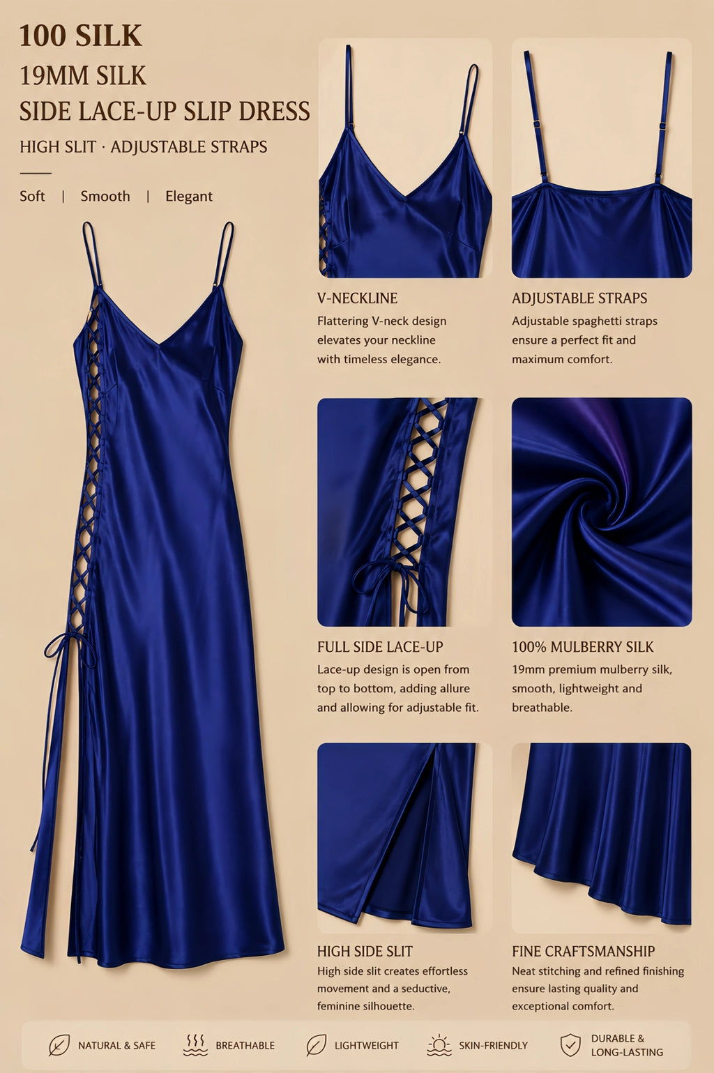 19mm blue mulberry silk midi slip dress with full side lace-up detail, high slit, adjustable straps, and smooth drape