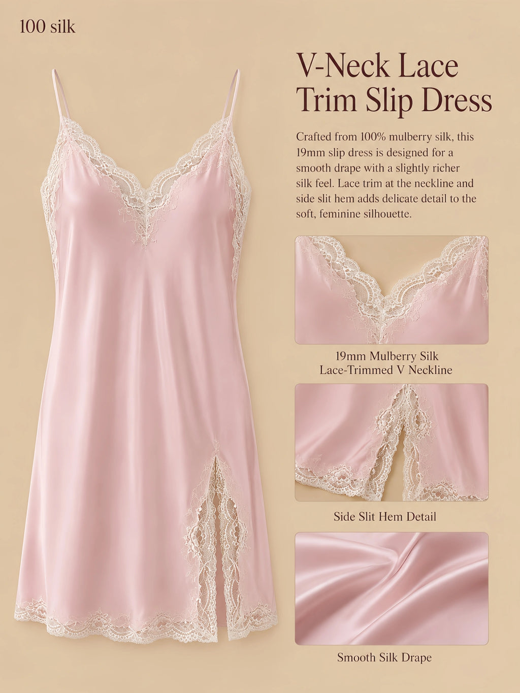 19mm pink mulberry silk slip dress with V-neck lace trim, side slit hem, and smooth silk drape