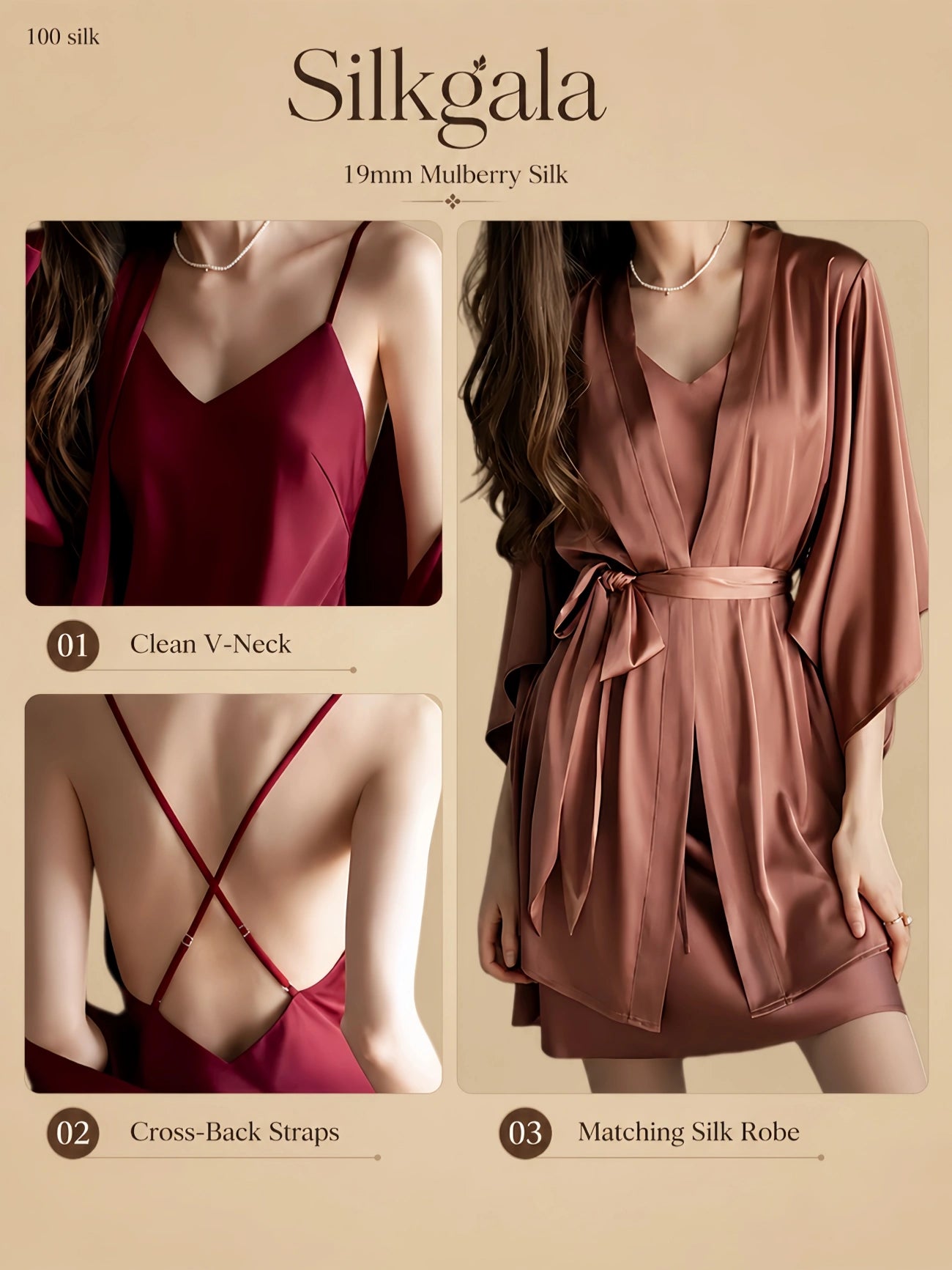 19mm silk slip set with cross-back straps, V-neck slip dress, matching robe, and smooth drape