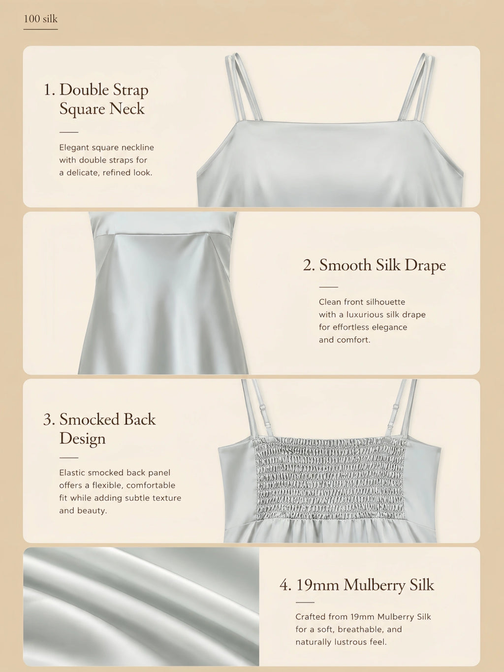 19mm silk square neck nightgown with double straps, smocked back, and smooth silk drape