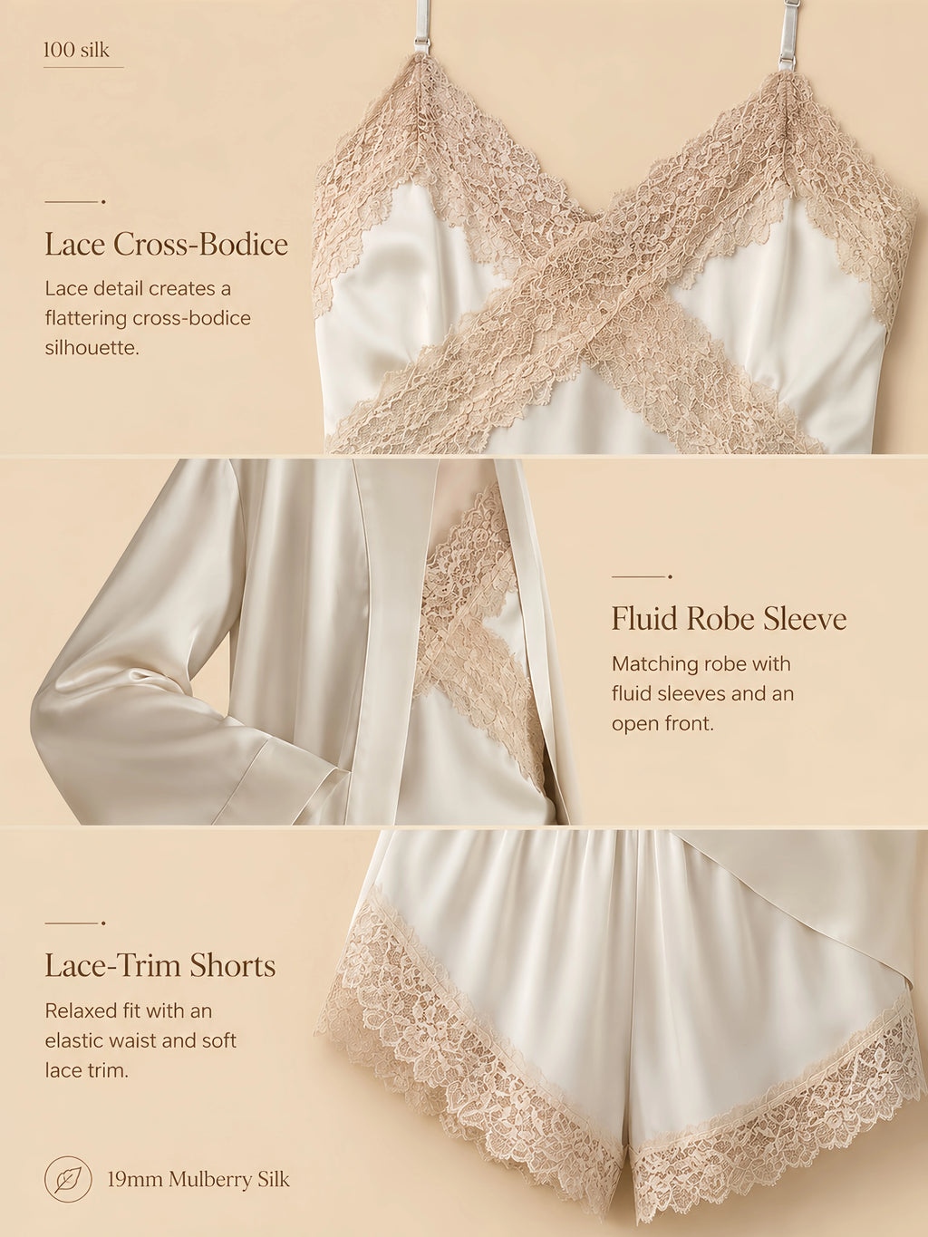 19mm off-white silk three-piece lounge set with lace cross-bodice cami, matching robe, lace-trim shorts, and smooth drape