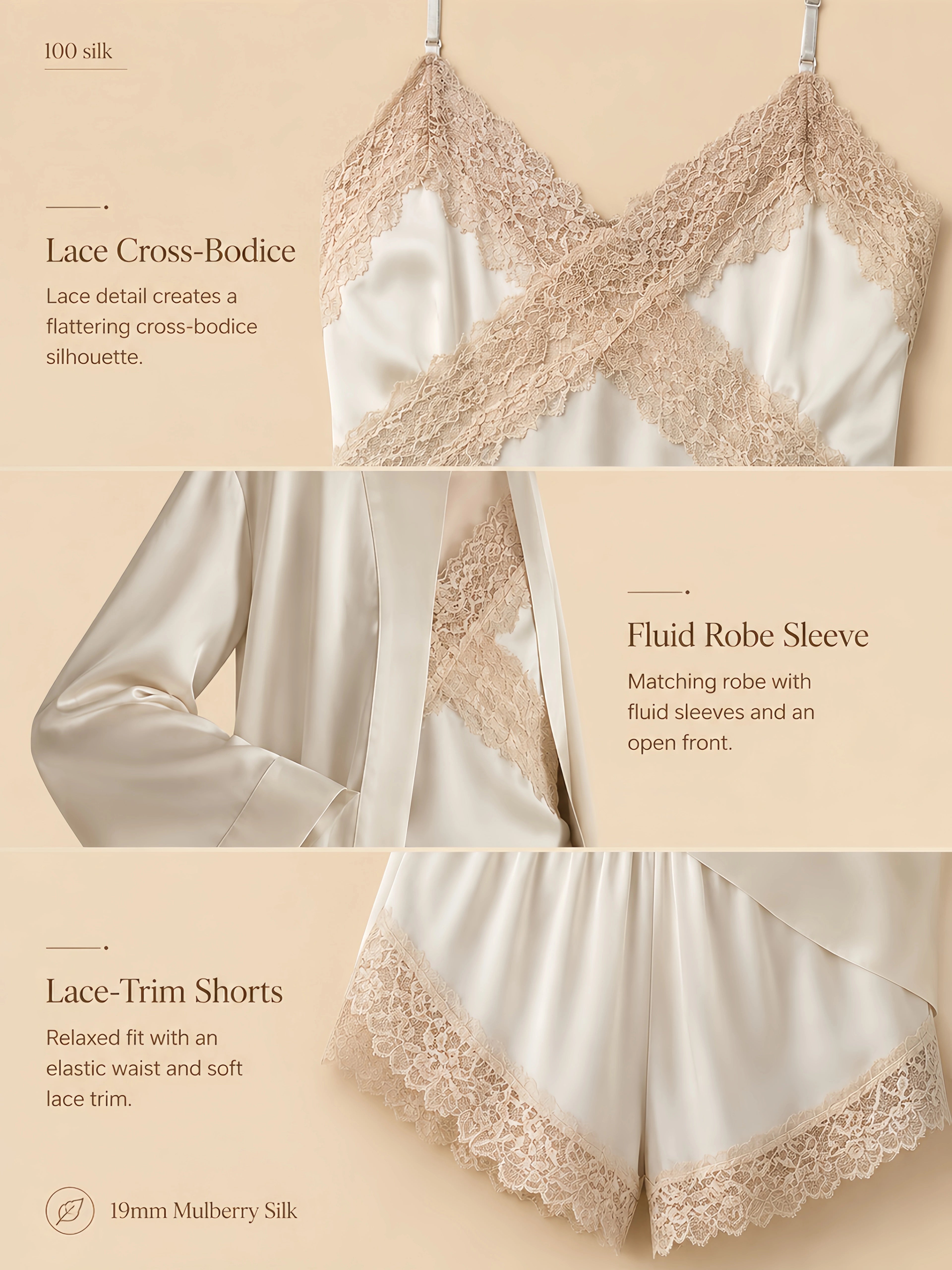 19mm off-white silk three-piece lounge set with lace cross-bodice cami, matching robe, lace-trim shorts, and smooth drape