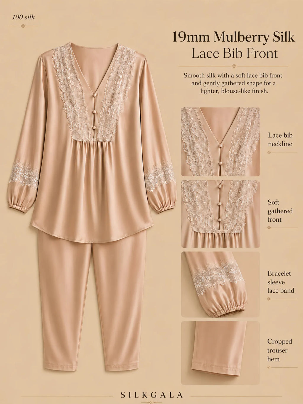 19mm mulberry silk top and trouser set with lace bib front, white sheer lace cuffs, soft gathered blouse top, and cropped tapered pants.