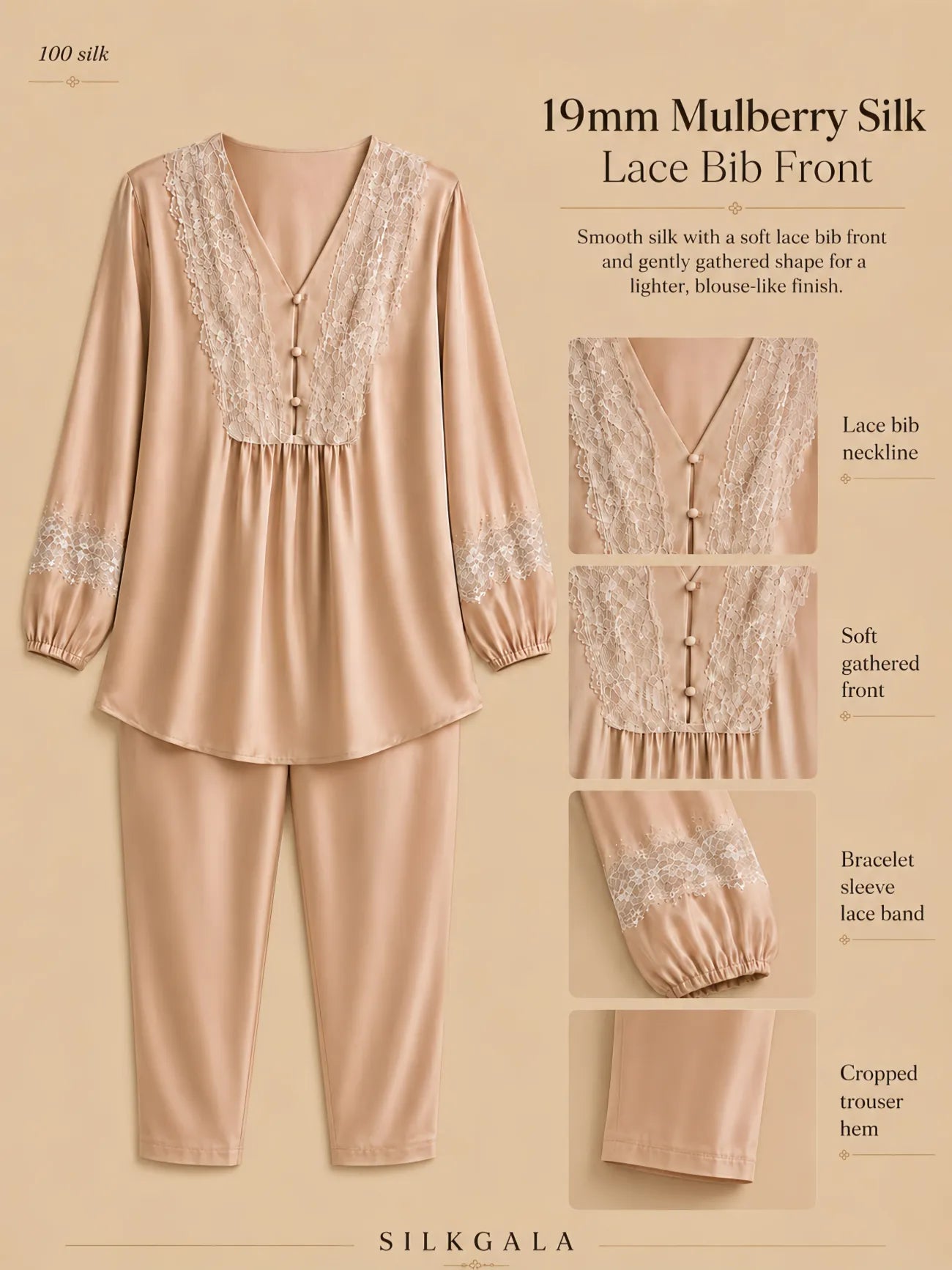 19mm mulberry silk top and trouser set with lace bib front, white sheer lace cuffs, soft gathered blouse top, and cropped tapered pants.