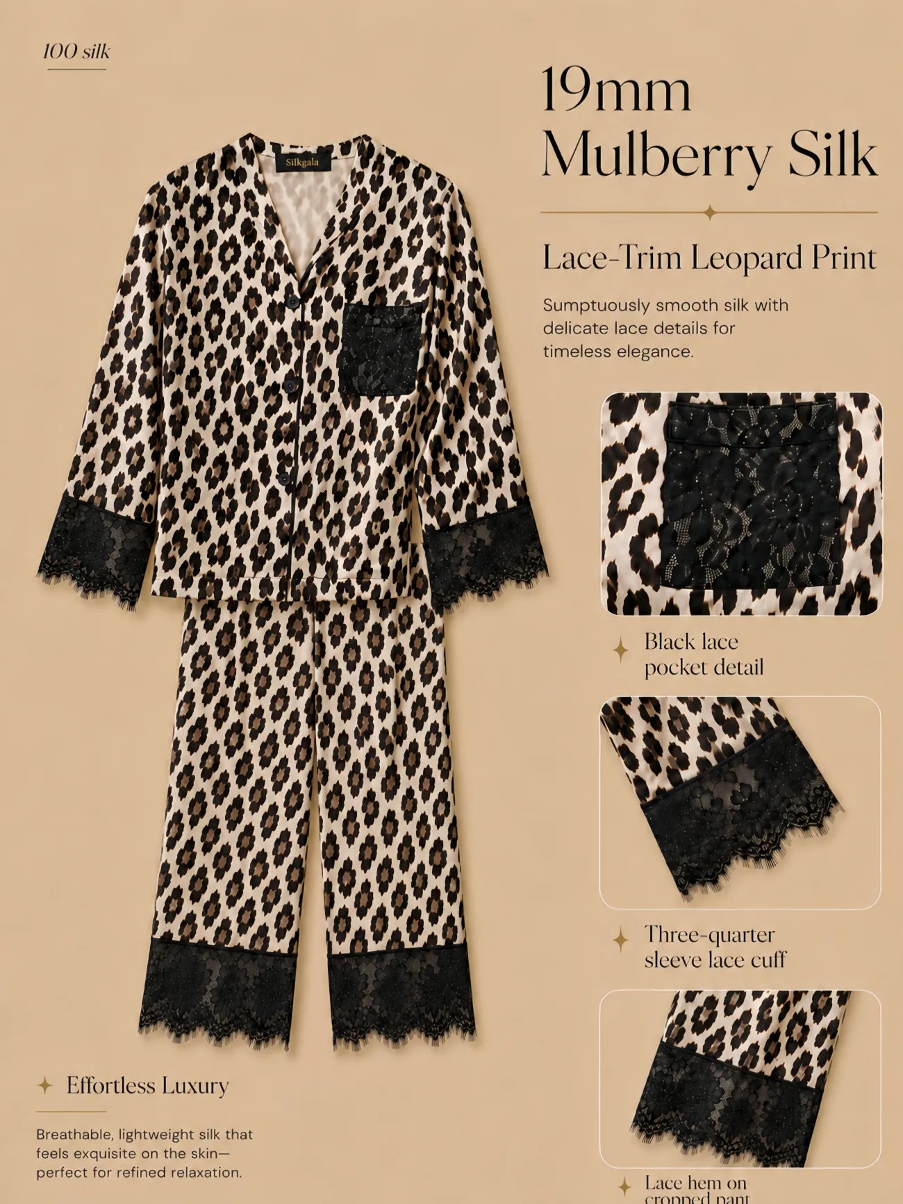 Silkgala 19mm mulberry silk leopard print lounge set with black lace pocket, sleeve cuffs, and cropped pant hems.