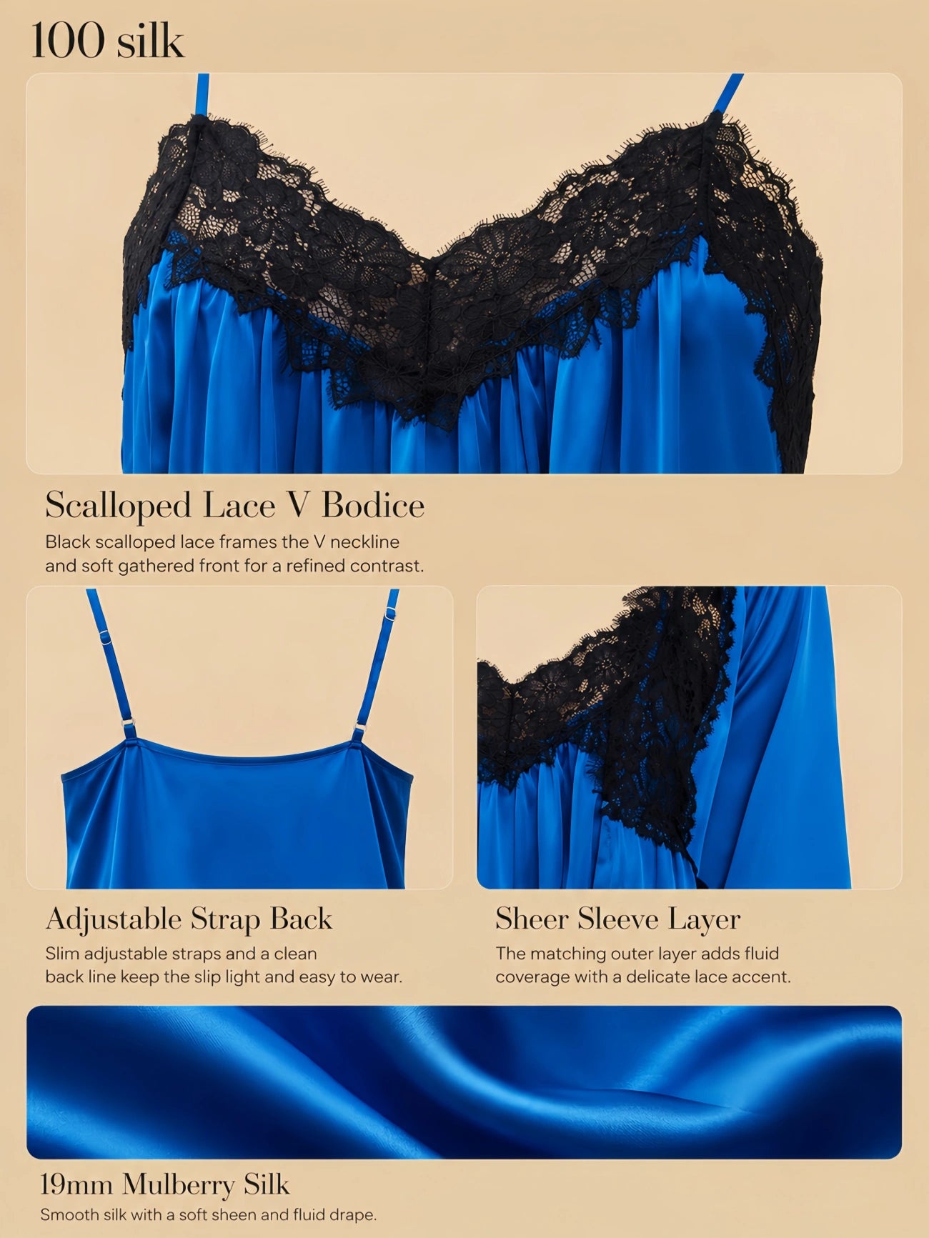 Blue 19mm silk two-layer set with black scalloped lace V bodice, adjustable straps, sheer sleeve layer, and smooth silk drape