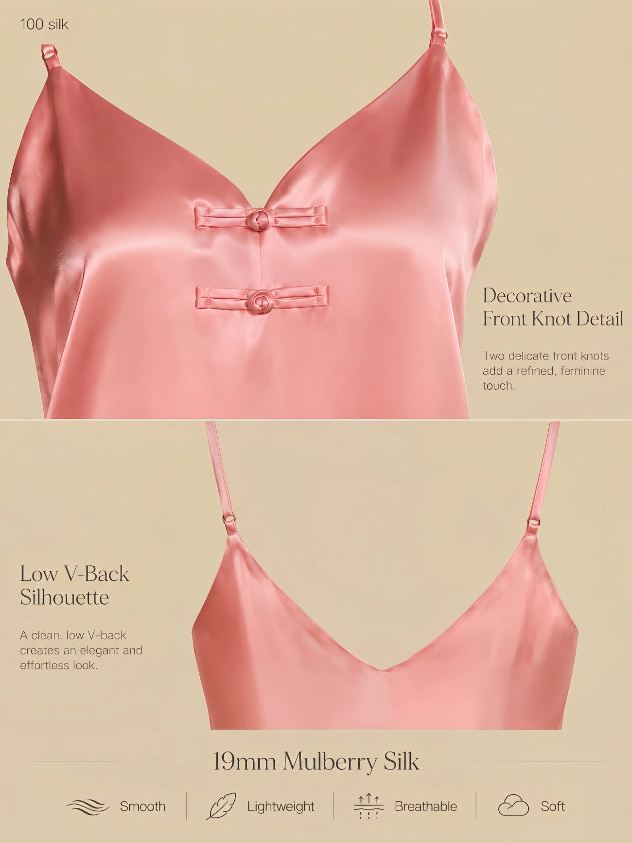 Pink 19mm silk V-neck dress with decorative front knot detail, low V-back, slim straps, and smooth silk drape