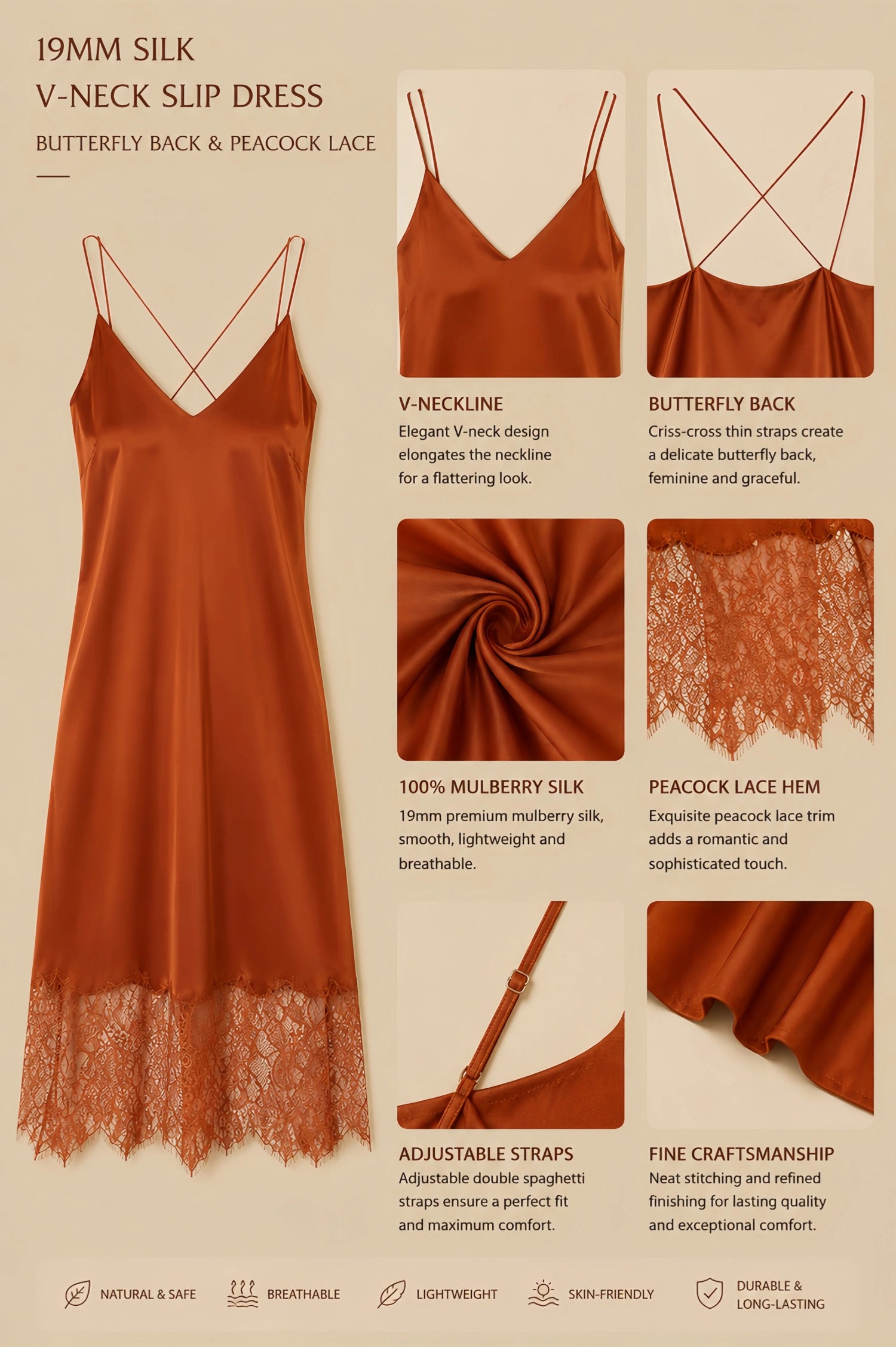 19mm rust silk V-neck slip dress with butterfly back, peacock lace hem, adjustable straps, and smooth drape