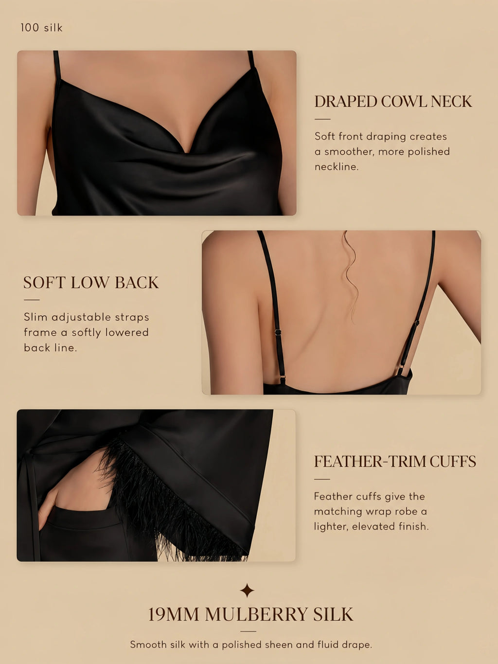 19mm ivory silk wrap lounge set with feather-trim cuffs, tie-waist robe, matching chemise, and smooth drape