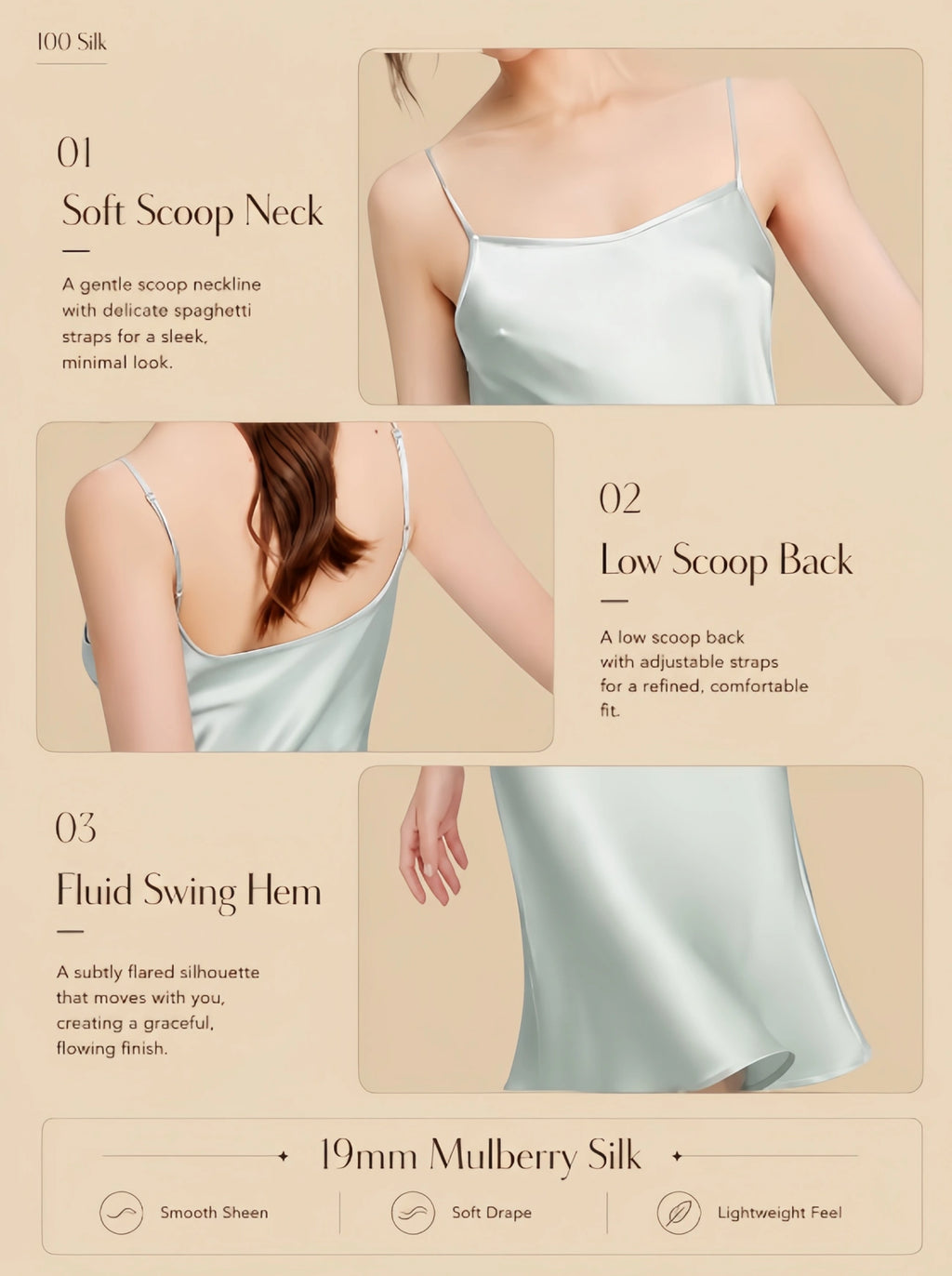 19mm silk camisole dress with soft scoop neck, low back, slim straps, and swing hem