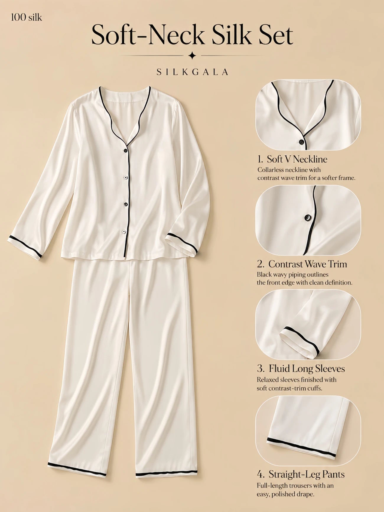 Silkgala 19mm soft-neck silk pajama set flat lay in white with contrast wave trim, collarless V neckline, button-front top, fluid long sleeves, and straight-leg pants on beige background.